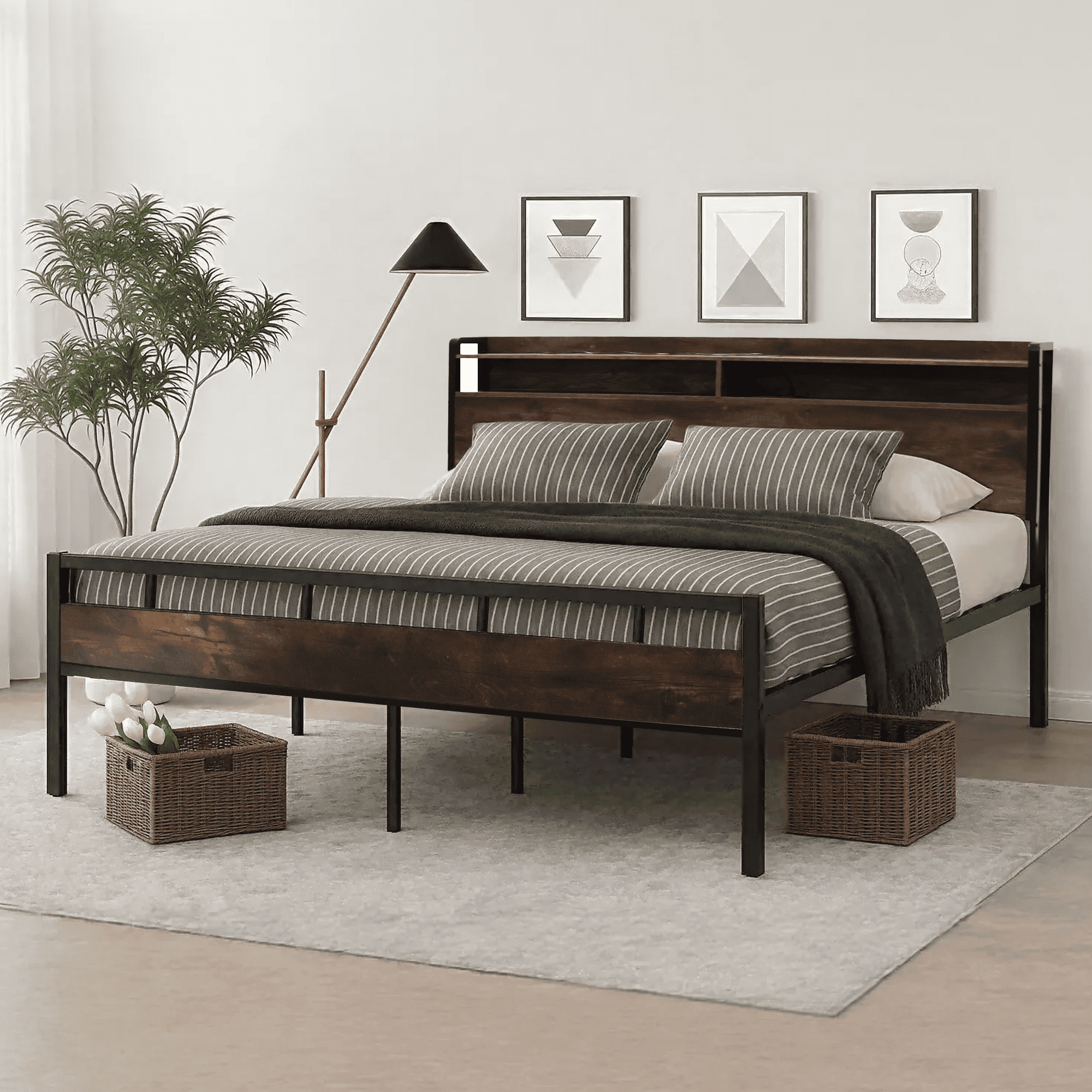 Full size Bed Frame with Storage Headboard, LED Lights and USB Charging Station, Metal Bed Frame, Rustic Brown - Image 4