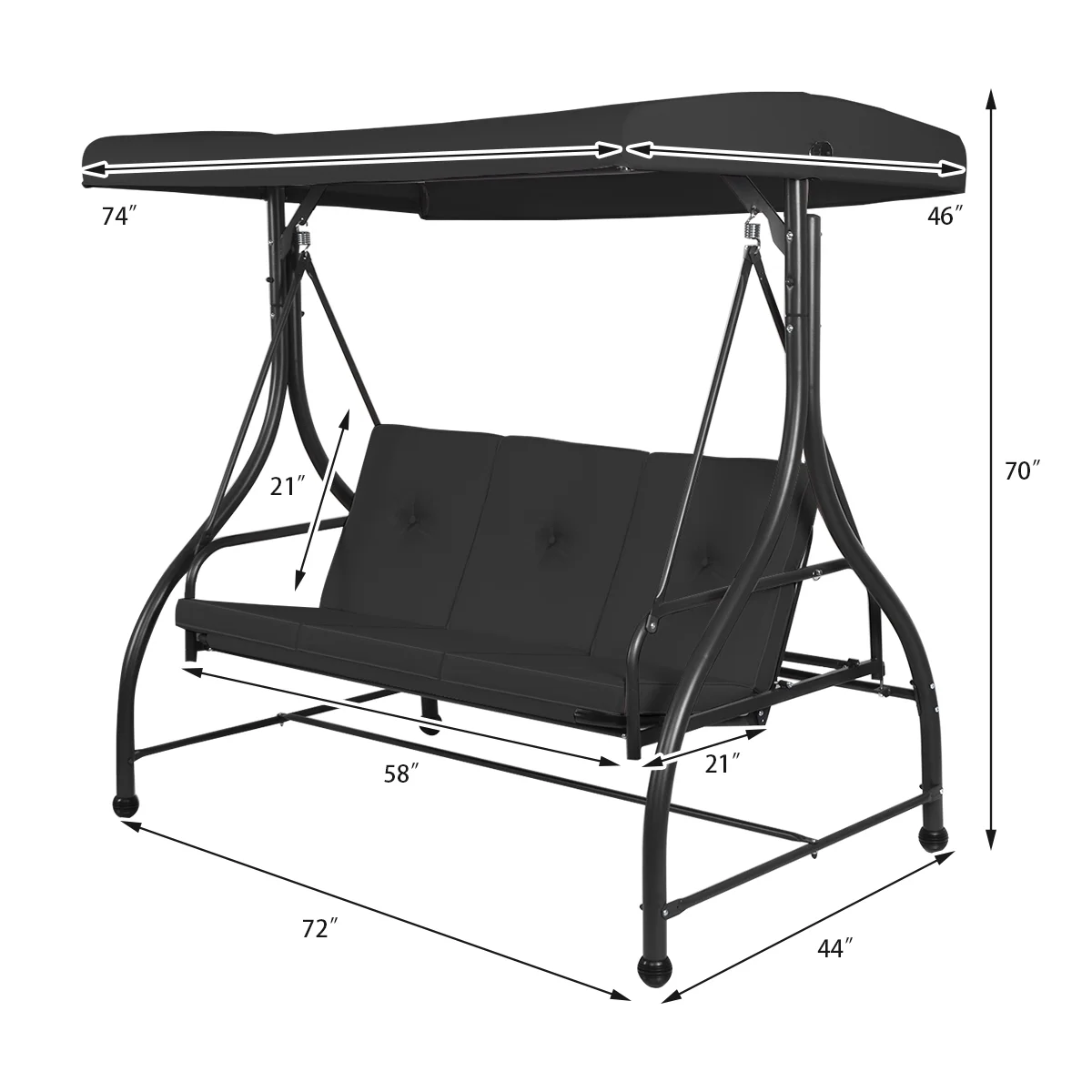 Costway Converting Outdoor Swing Canopy Hammock 3 Seats Patio Deck Furniture Black - Image 3