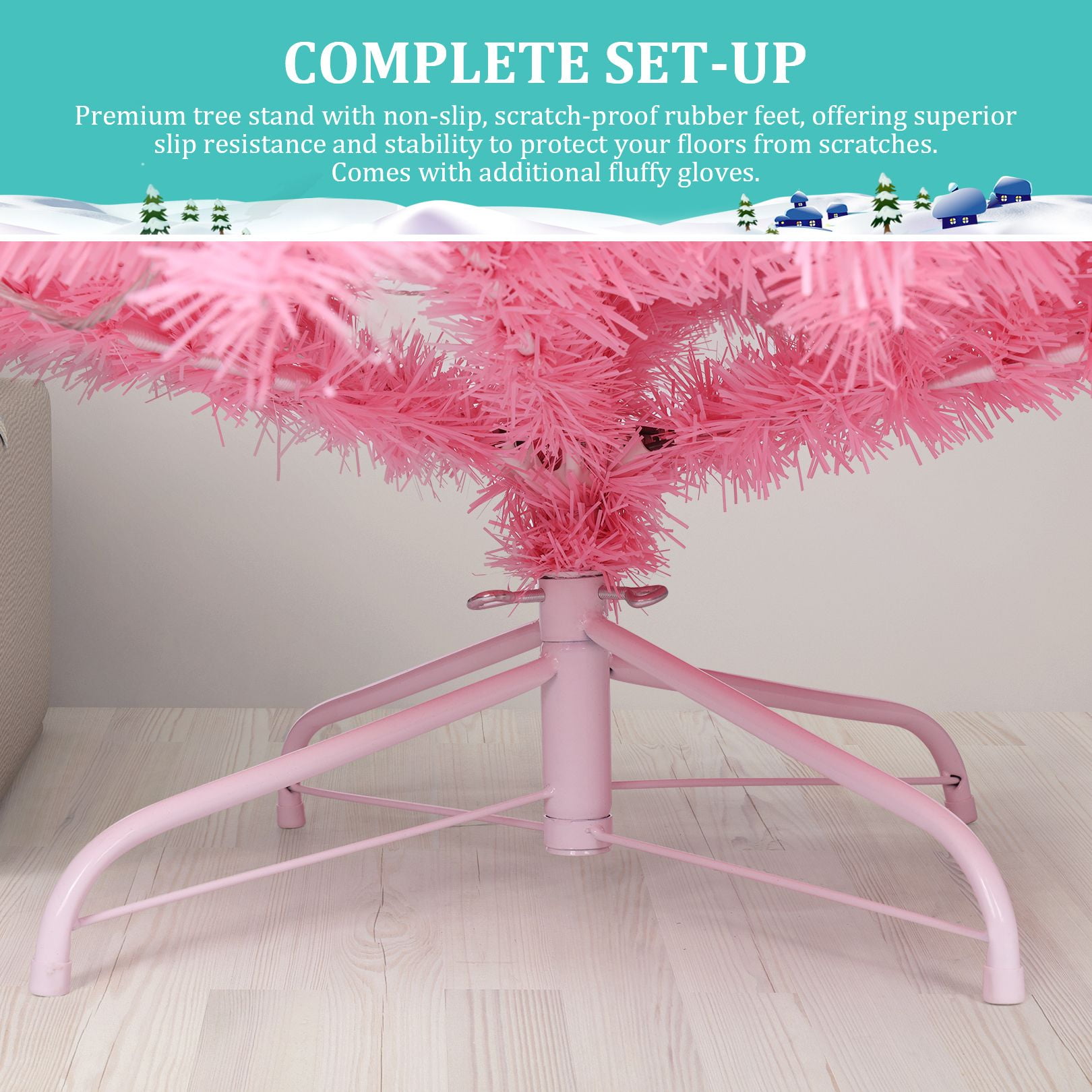 Funcid 6ft Pink Artificial Christmas Tree, Hinged Spruce Full Tree with 1,477 Branch Tips, 250 Incandescent Lights, Foldable Metal Stand, PVC Material, Xmas Tree for Indoor and Outdoor Decoration - Image 9