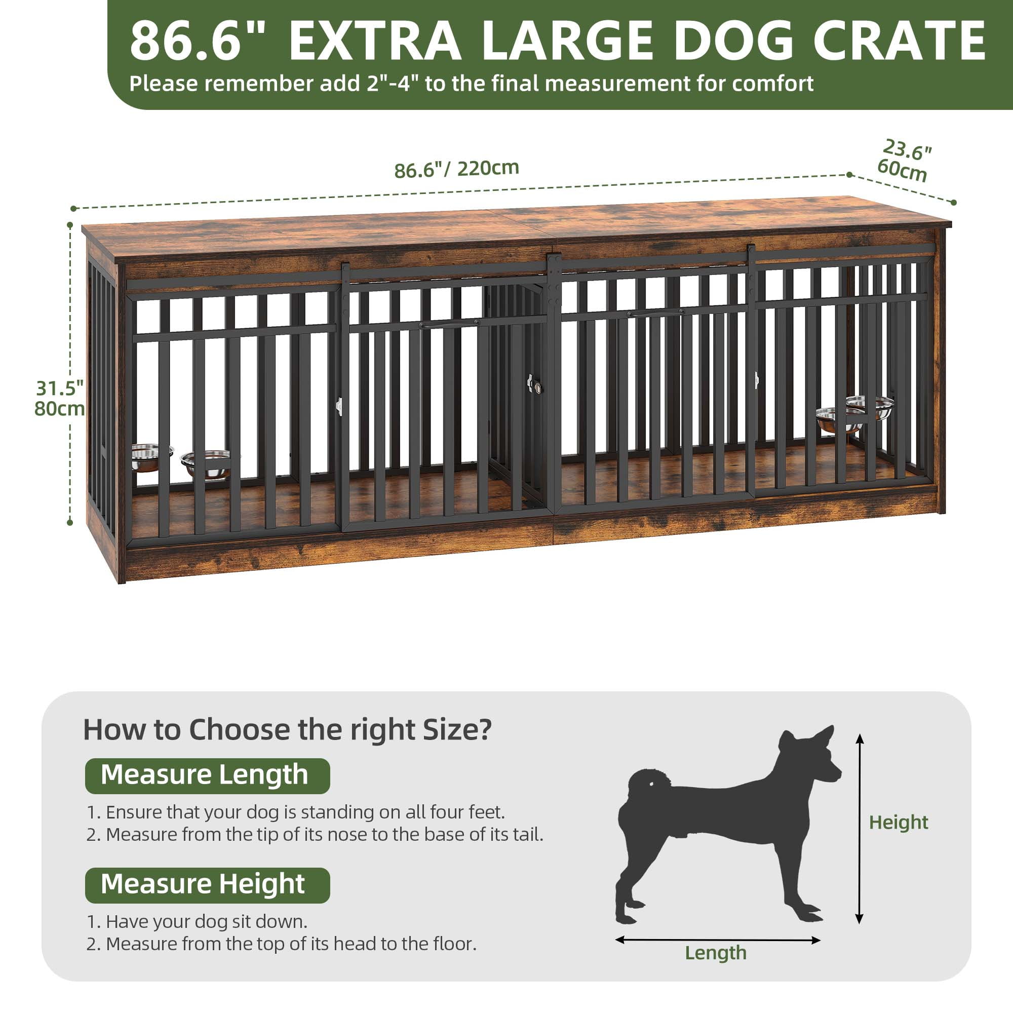 Uforic 87" Dog Crate Furniture with Dog Bowl for 2 Large Dogs,Indoor Furniture Style Wooden Large Dog Kennel TV Stand Sliding Doors - Rustic Brown - Image 9