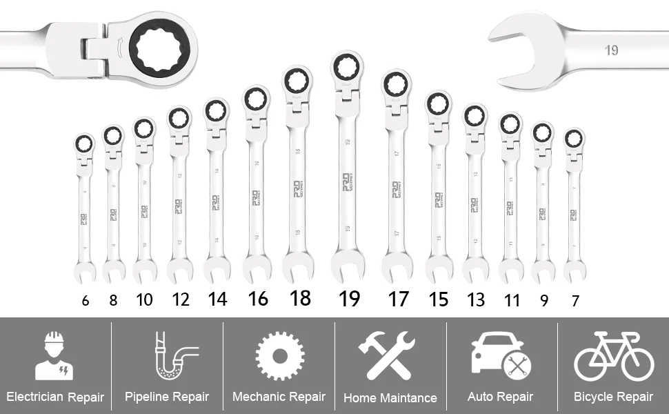 PRO 14-Piece Flex-Head Ratcheting Wrench Set, 6-19cm Metric Chrome Vanadium Steel Ratchet Wrenches, Combination Ended Spanner Kit with Storage Case - Image 5