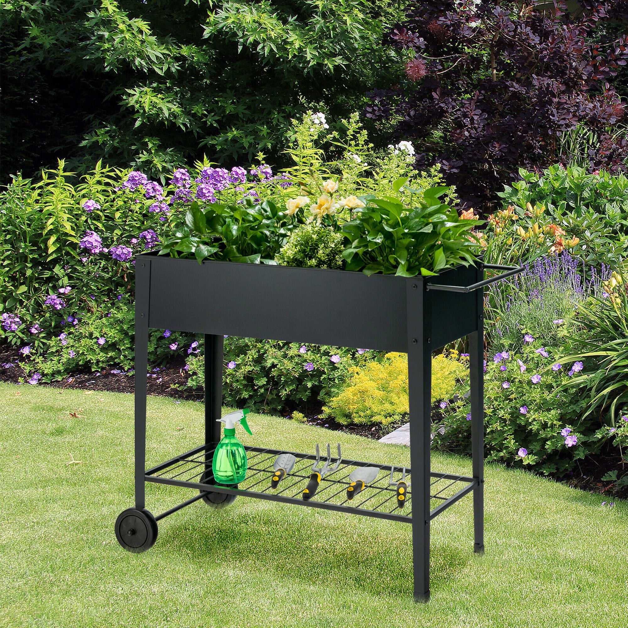 Gymax Raised Garden Bed Elevated Planter Box on Wheels Steel Planter w/Shelf - Image 2