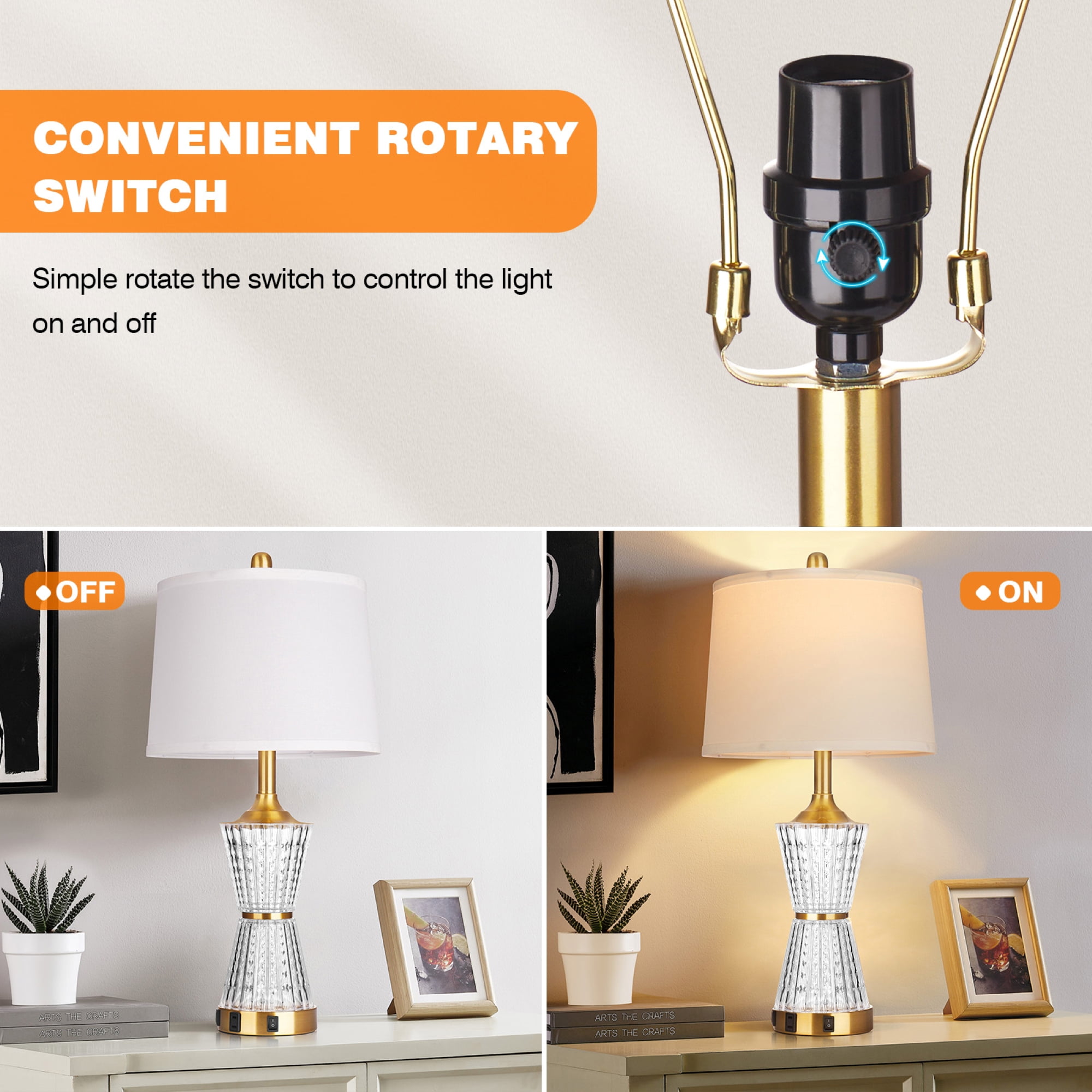 Cinkeda Gold Acrylic Night-light Table Lamp 2in1 with 2 USB Charging Ports An AC Outlet Rotary Switch & Rocker Switch (Set of 2) - Image 6