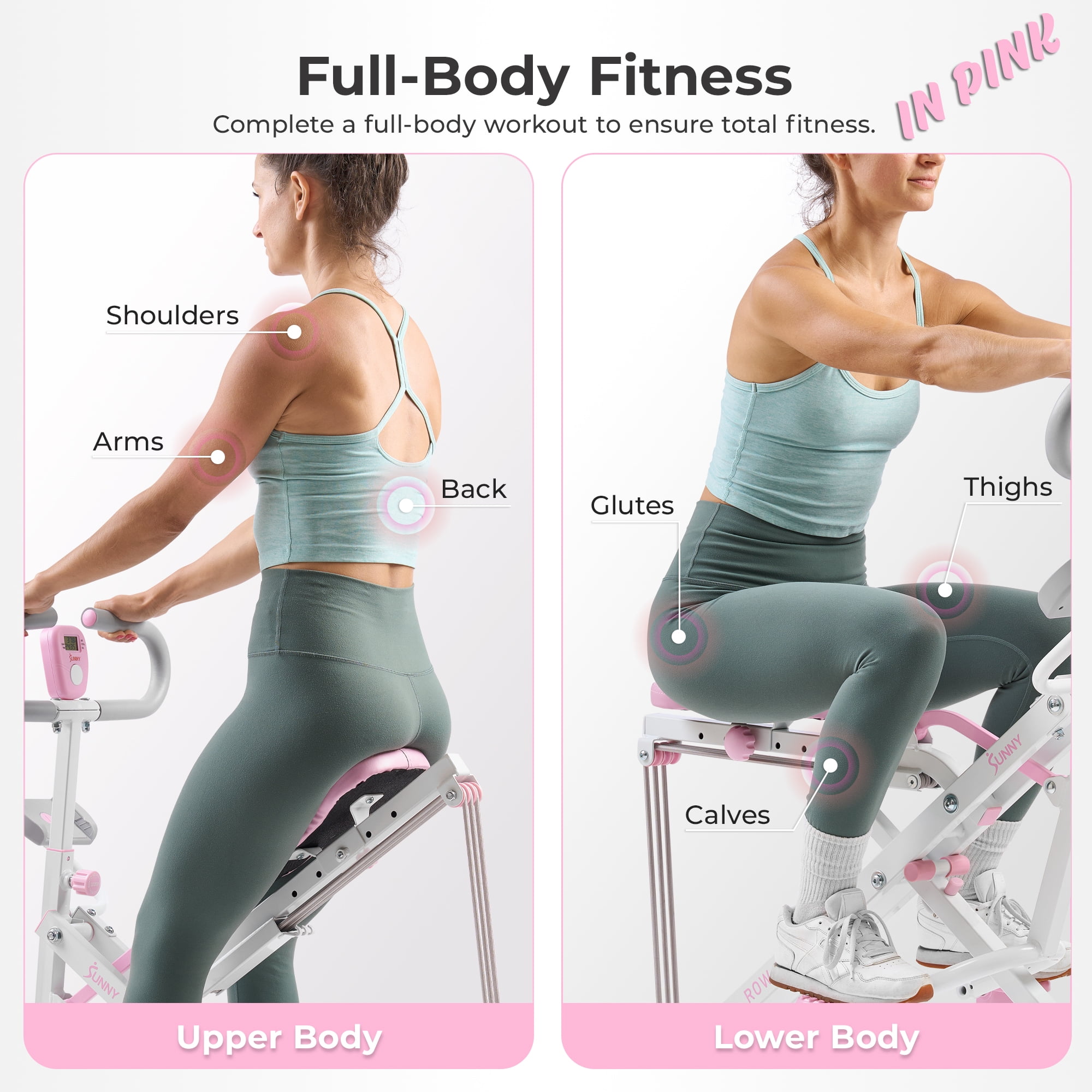 Sunny Health & Fitness Pink Row-N-Ride Plus, Squat Assist Rower for Glutes and Full Body Workout, 330 LB Capacity and Free Access to SunnyFit App - P2100SMART - Image 6