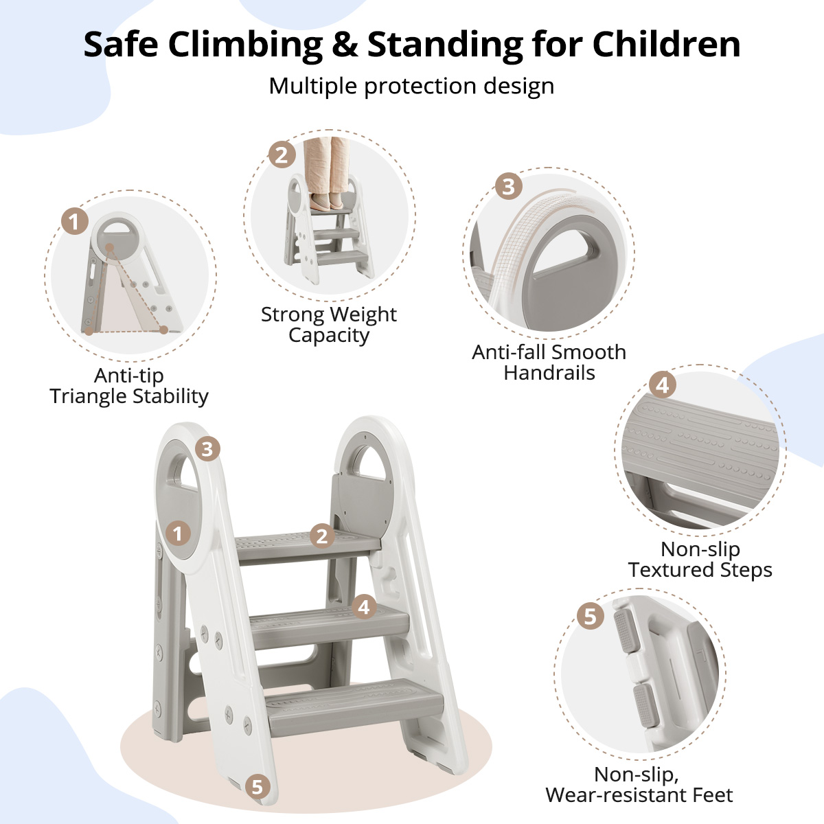 Toddler Step Stool,CAVEEN Foldable Stool for Kids ,Step Helper Adjustable 3 to 2 Stool for Kitchen,Gray - Image 5