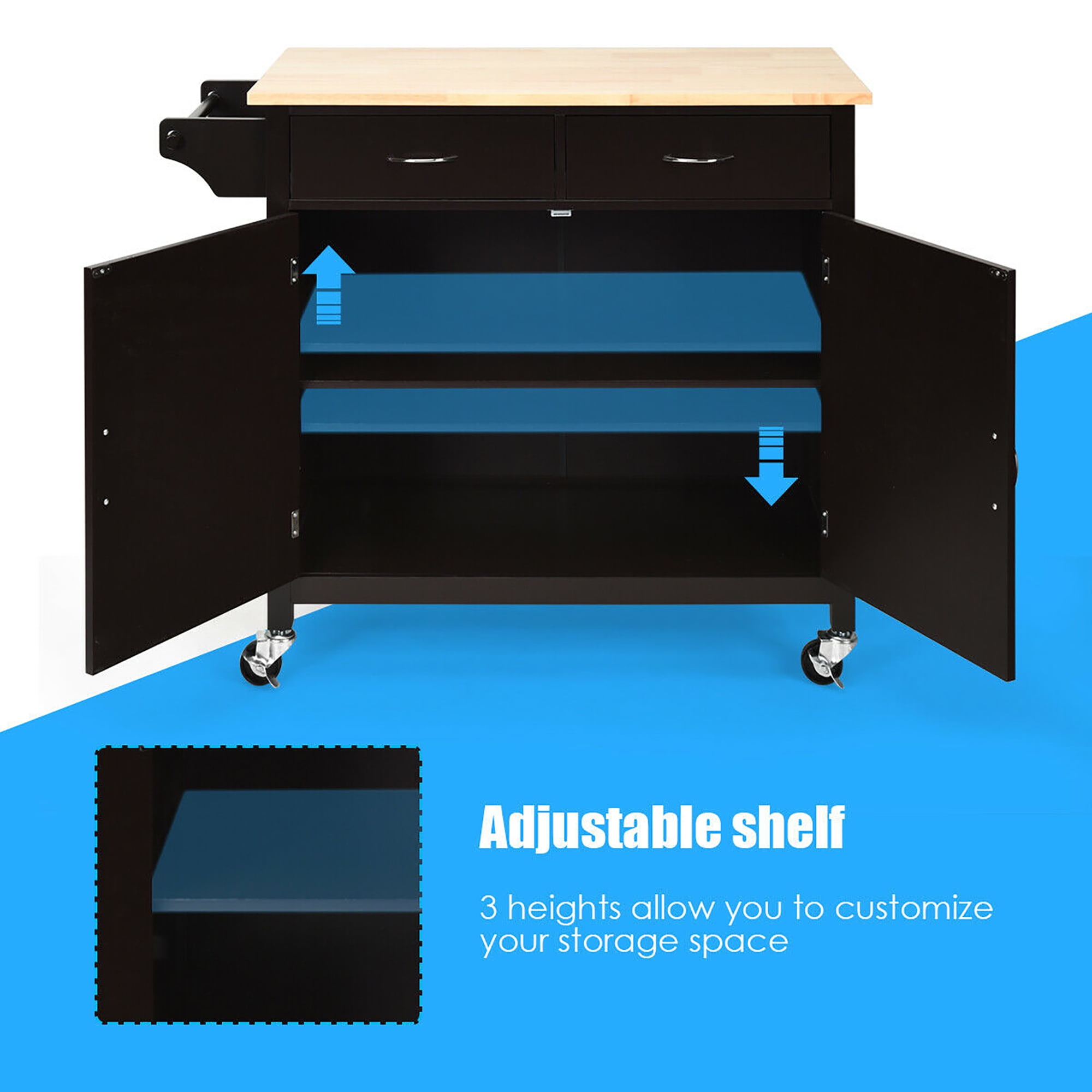 Costway Modern Rolling Kitchen Cart Island Wood Top Storage Trolley Cabinet Utility Brown - Image 10