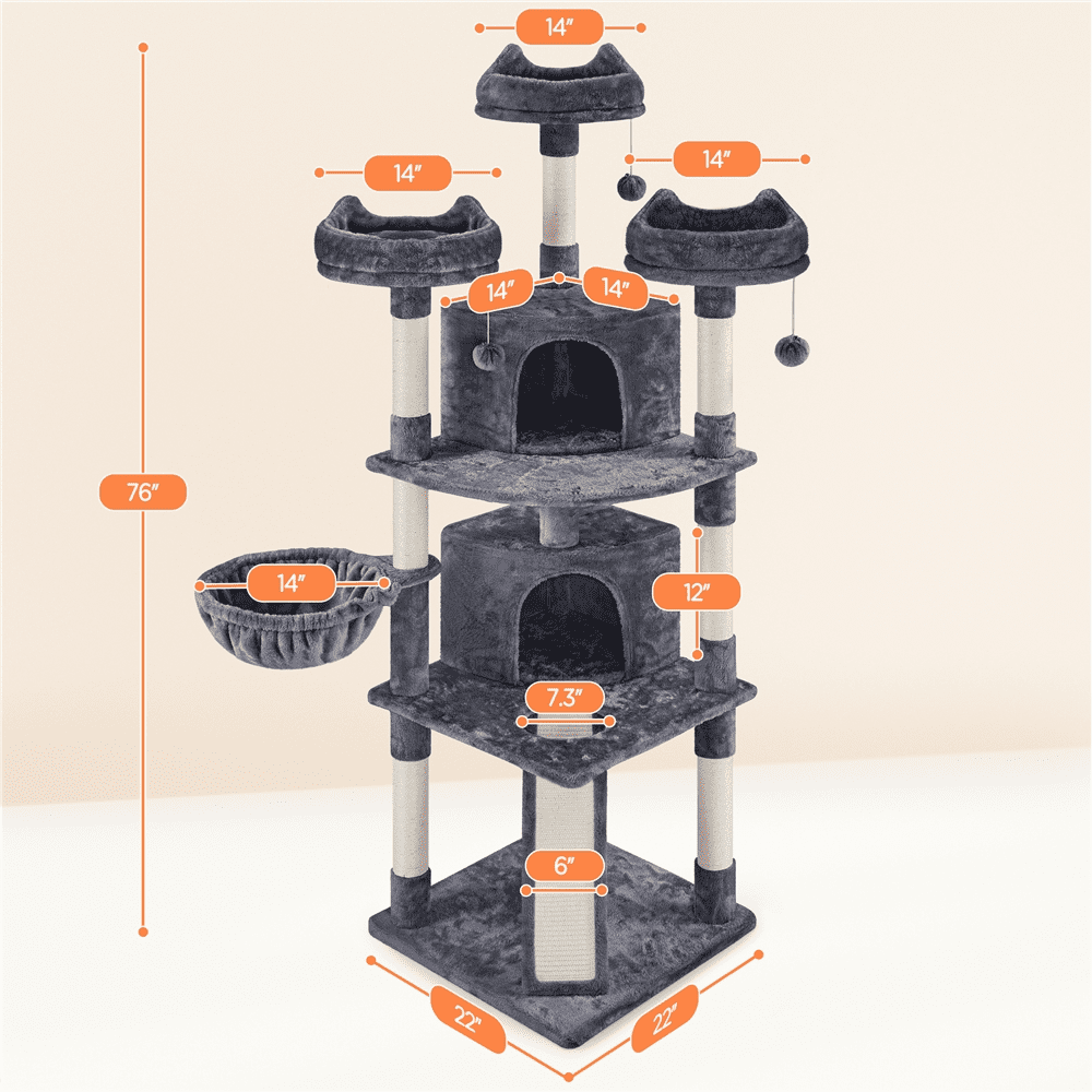 Alden Design 76"H Large Multilevel Cat Tree Tower with Condos and Perches, Dark Gray - Image 11