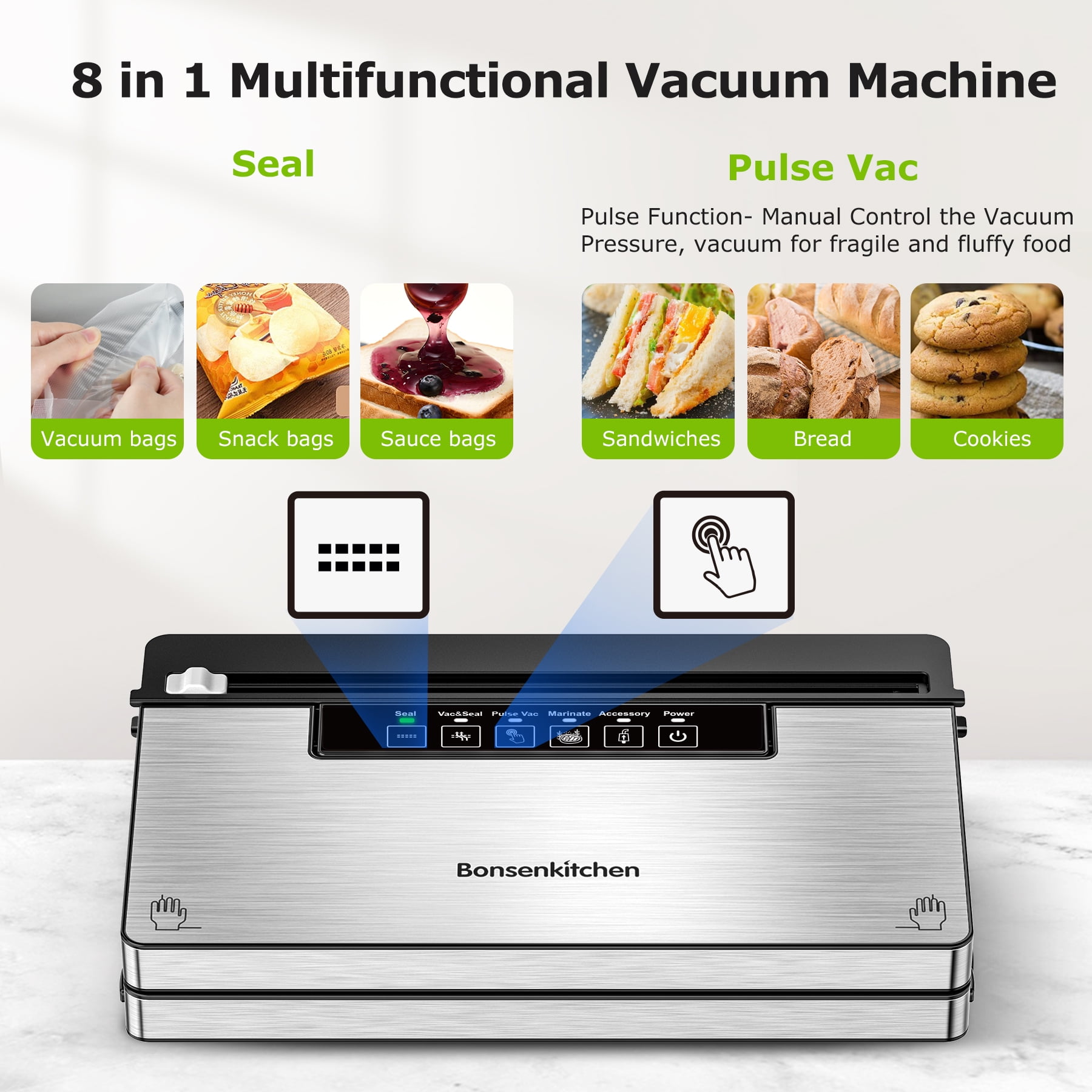 Bonsenkitchen Vacuum Sealer, Stainless Steel Food Sealer with Built-in Cutter and Bag Storage, include 1 Roll Bag & 99 Vacuum Bags - Image 3