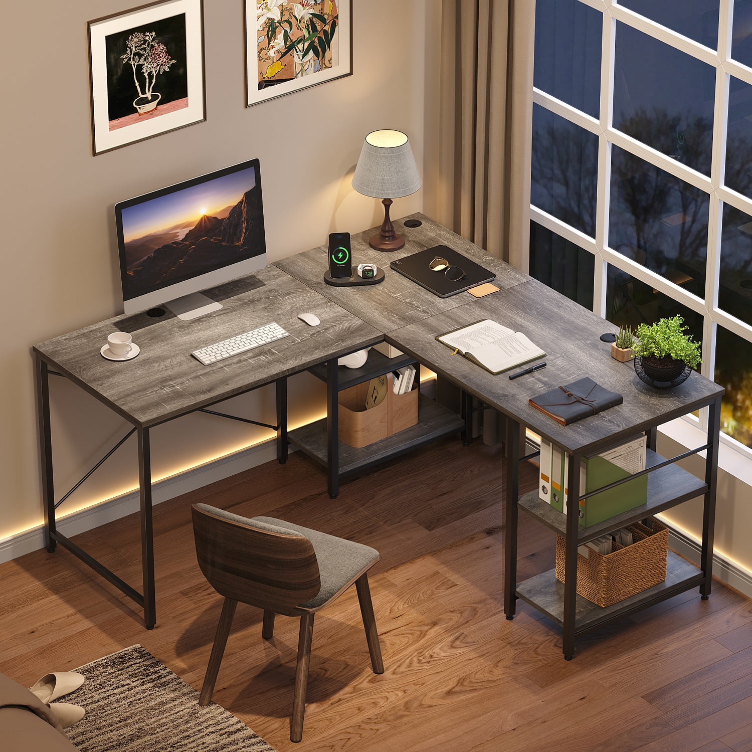 Bestier 95.5 inches L-Shaped Corner Computer Desk with Shelves Long Table Three-Way Convertible in Grey - Image 2