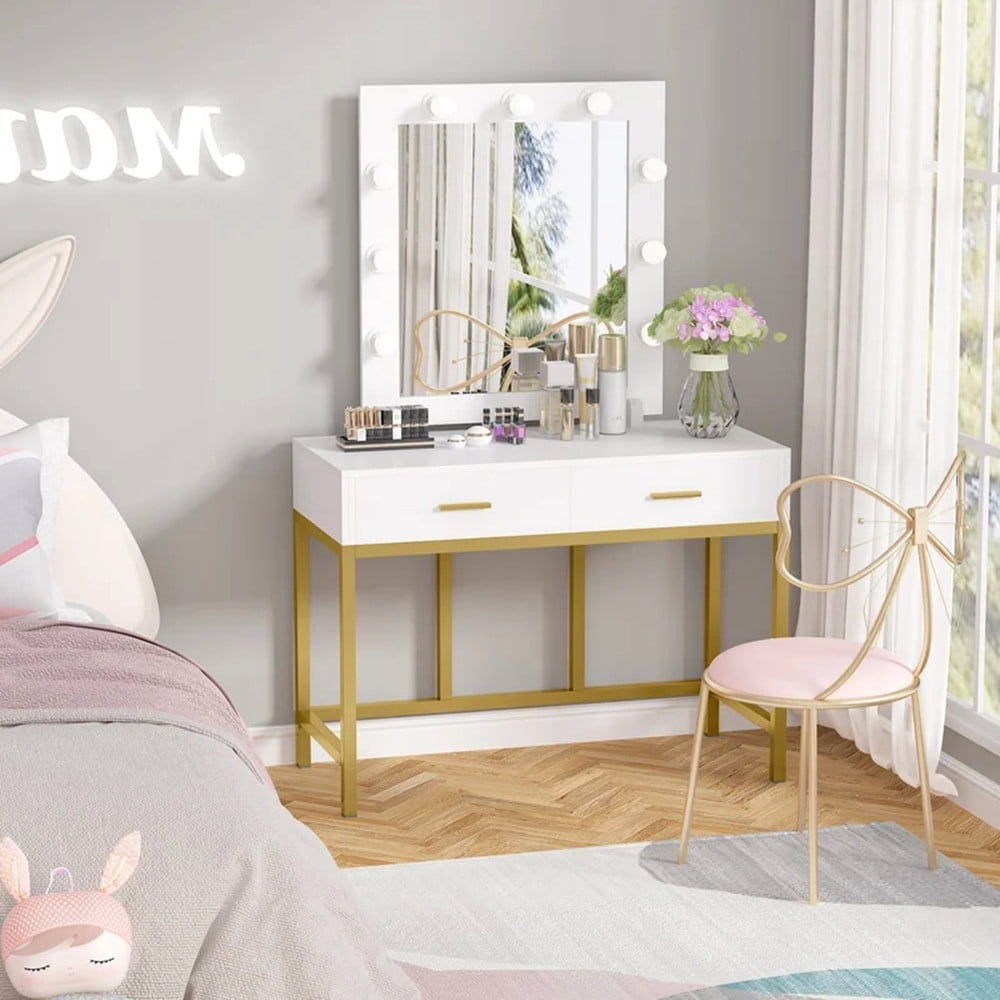 Zimtown Wood Vanity Set Makeup Table with Lighted Mirror Dressing Table Dresser Desk with 2 Drawers for Bedroom (White) - Image 7