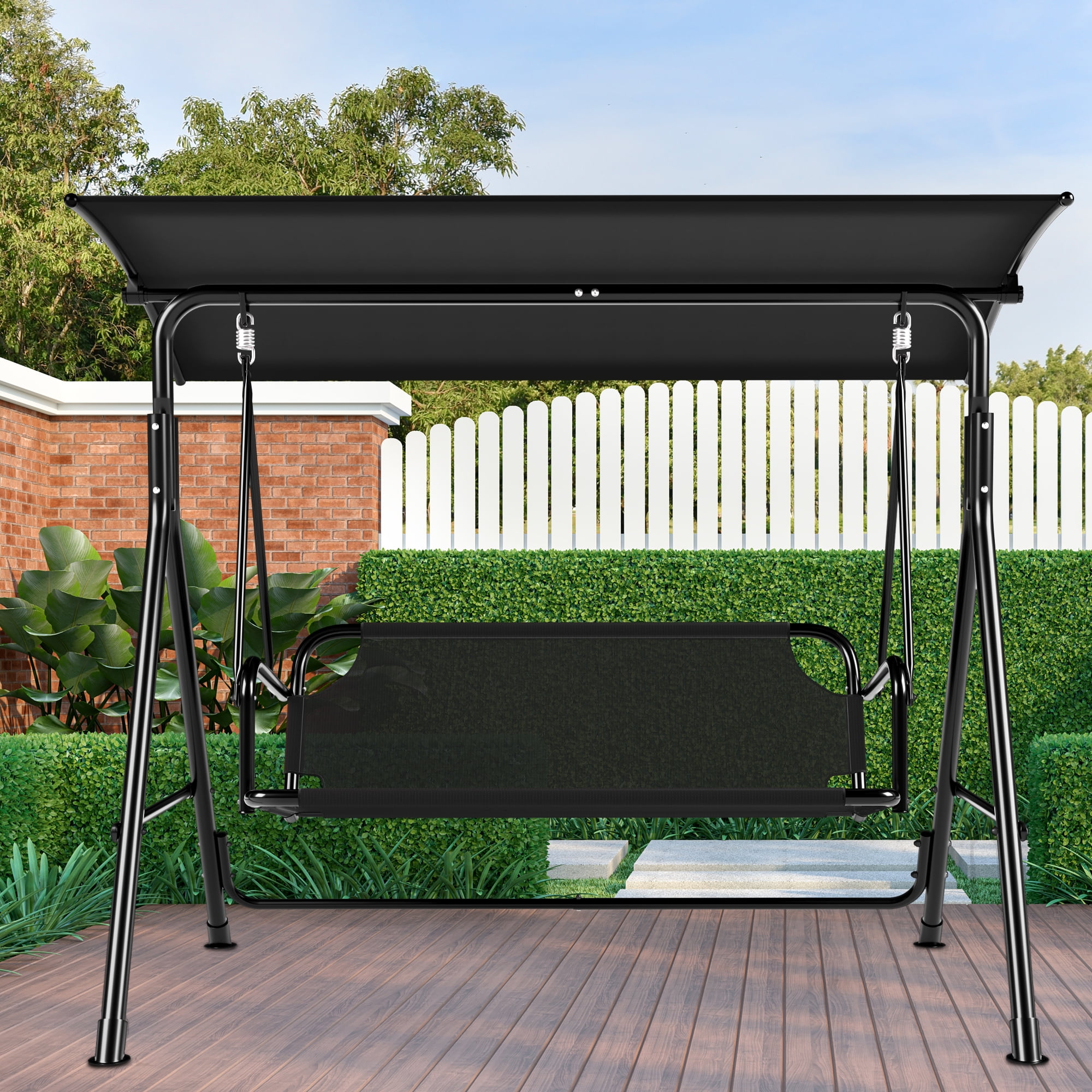Uforic 3 Person Porch Swing Heavy Duty Outdoor Patio Swing Chair with Adjustable Canopy Weather Resistant Steel Frame for Garden, Lawn, Balcony, Black - Image 6