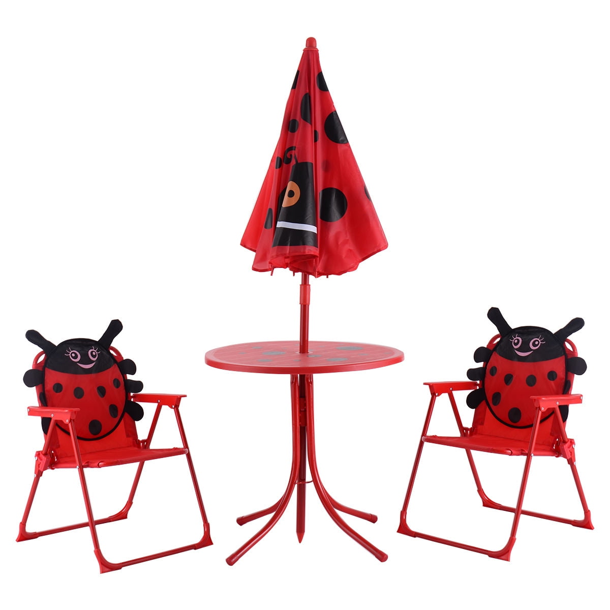 Costway Kids Patio Set Table And 2 Folding Chairs w/ Umbrella Beetle Outdoor Garden Yard - Image 9