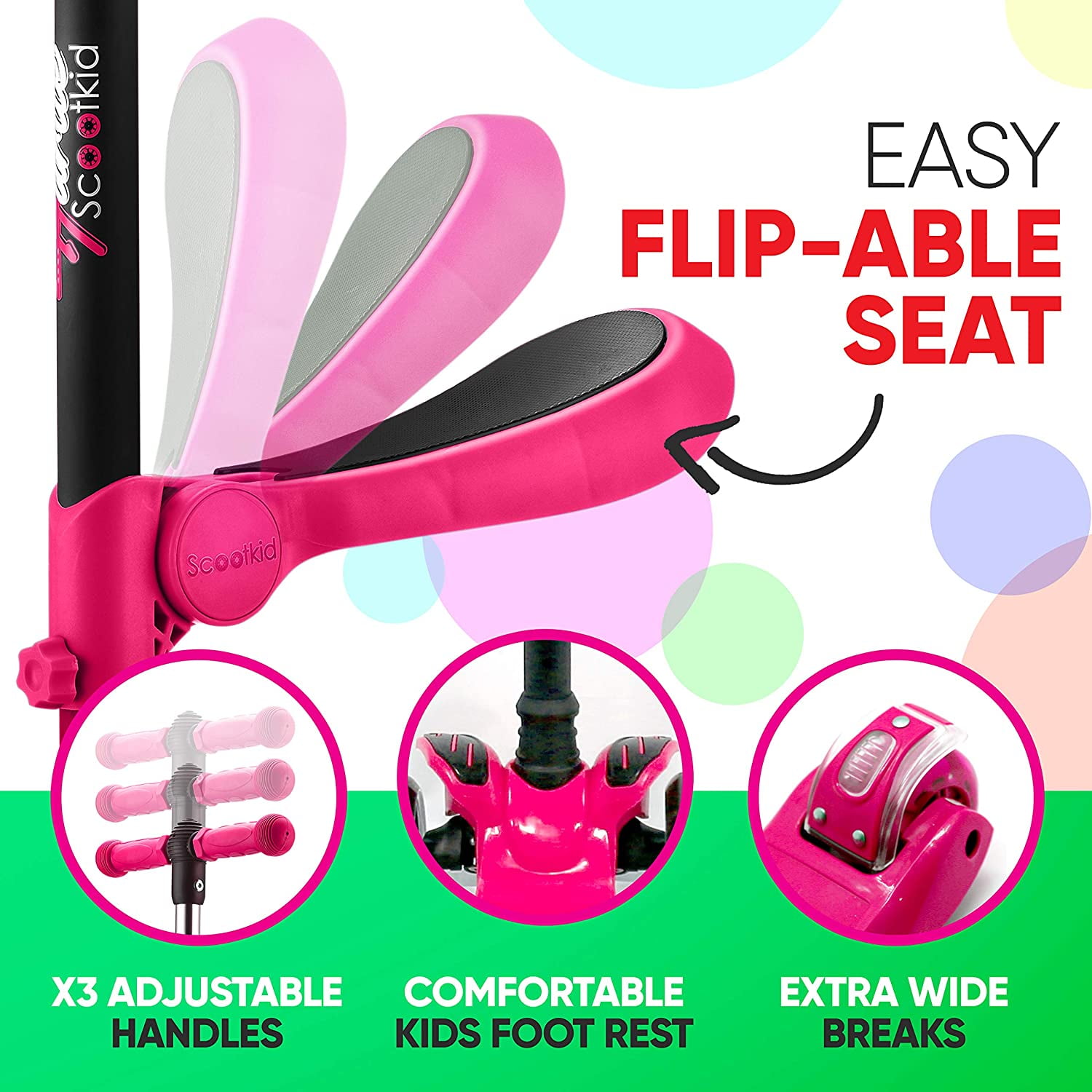 Hurtle 3-Wheeled Scooter for Kids - Wheel LED Lights, Adjustable Lean-to-Steer Handlebar, and Foldable Seat - Sit or Stand Ride with Brake for Boys and Girls Ages 1-14 Years Old (HURFS66) Pink - Image 3