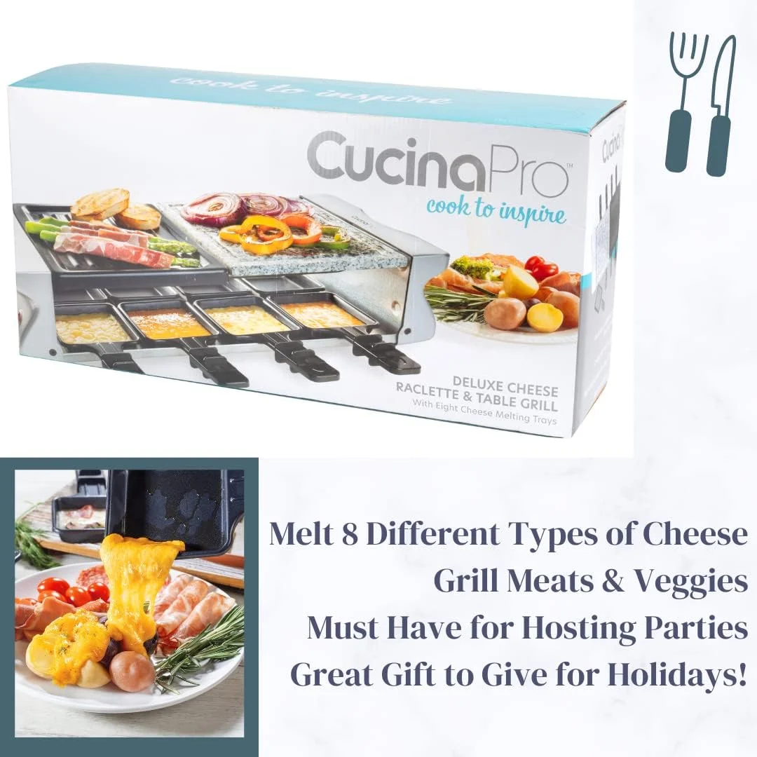 CucinaPro Electric Cheese Raclette Table Grill w Nonstick Grilling Plate & Cooking Stone - Deluxe 8 Person Tabletop Cooker w Hotplate - Image 4