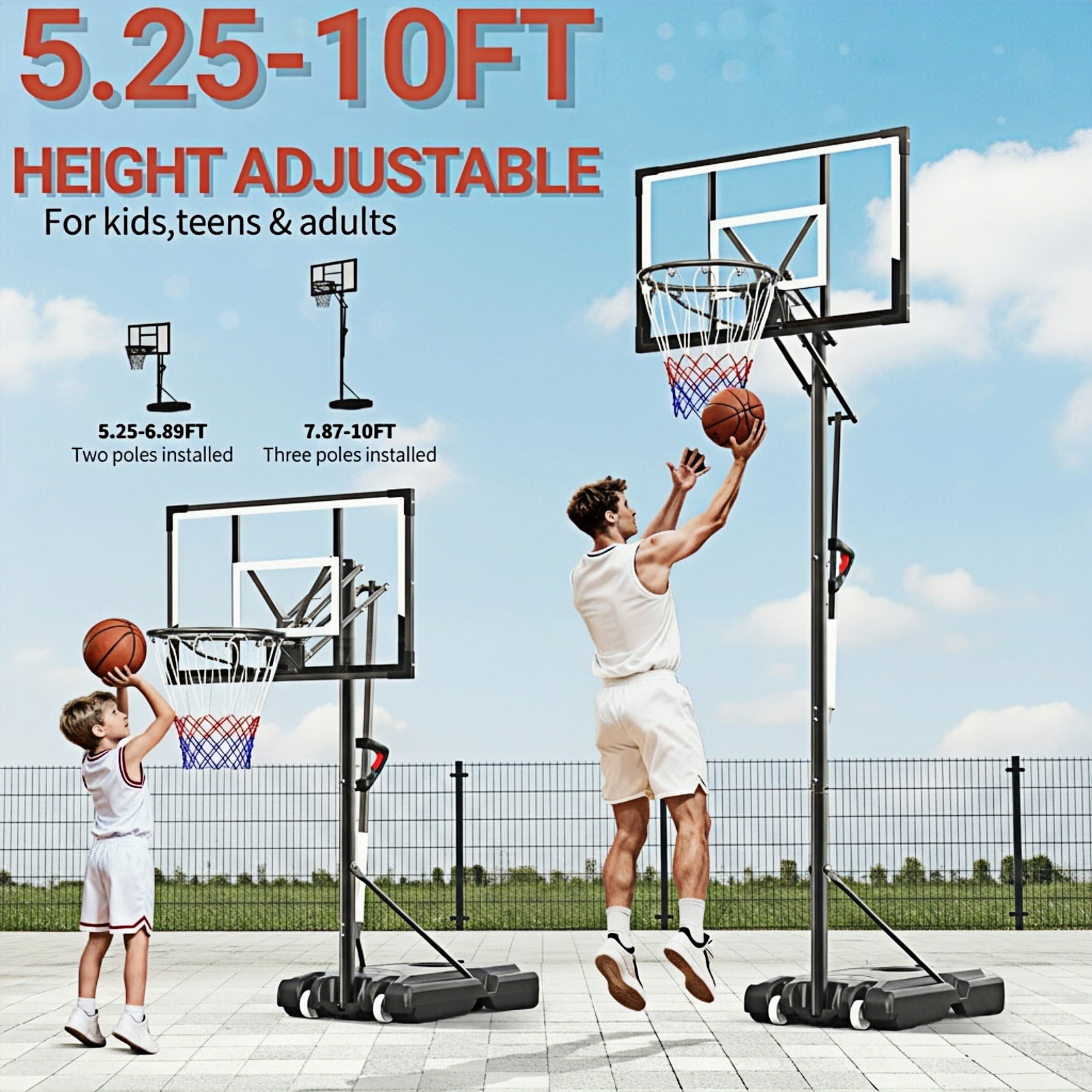 NEDYO Portable Adjustable Basketball Hoop 5.25-10ft with 44" Backboard for Kids, Teens, Adults, New - Image 3