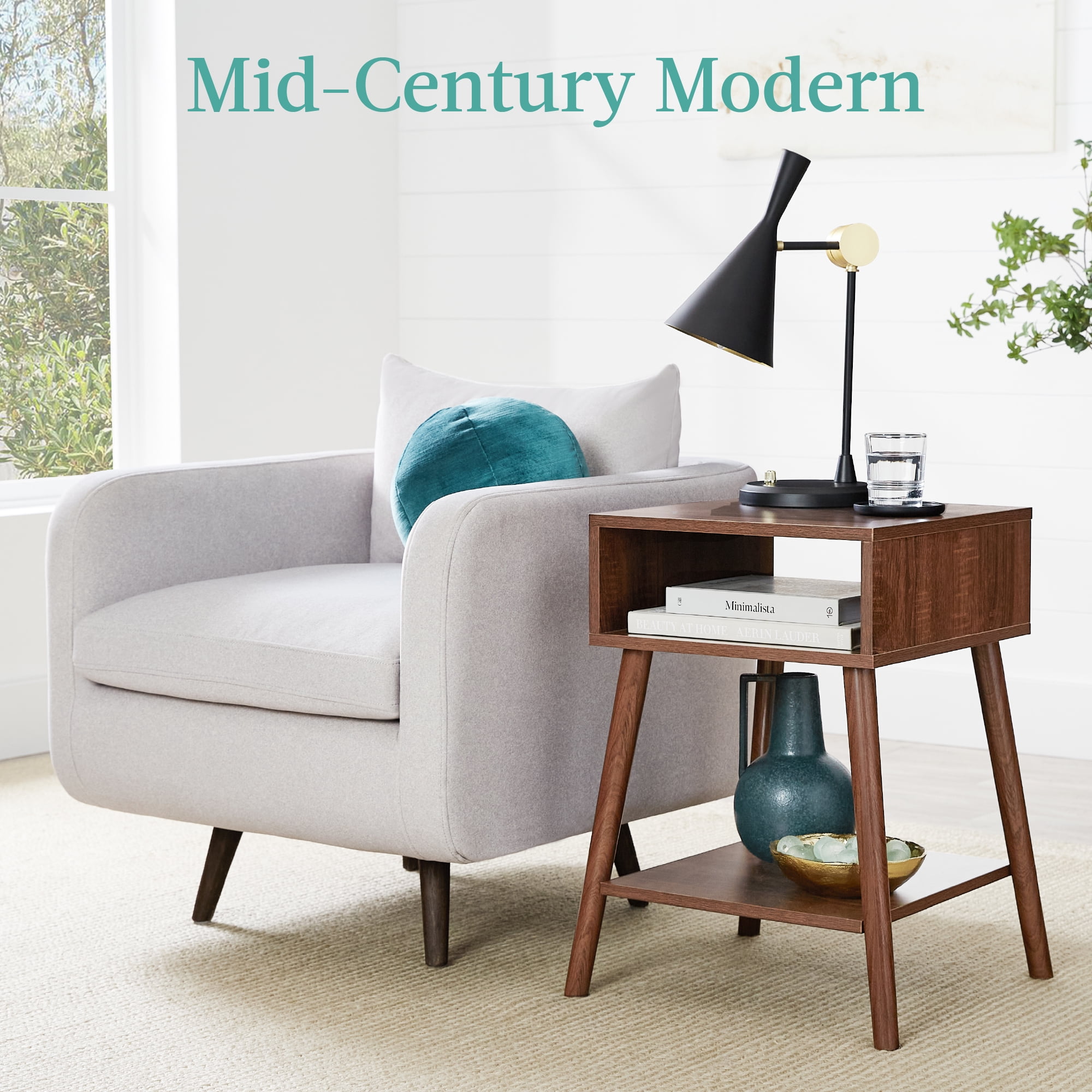 Best Choice Products Set of 2 Mid-Century Modern End Tables w/ Cubby Storage, Lower Shelf, Offset Legs - Walnut - Image 3