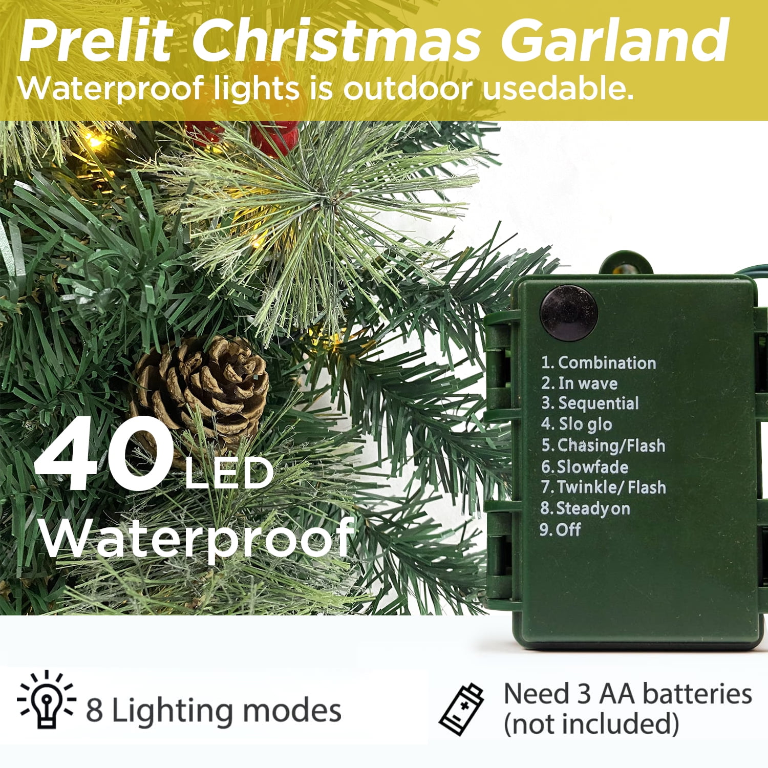 Christmas Garland Pre-Lit Artificial Green with Pine Cones Berry Clusters 40 Lights 6ft for Winter Christmas Indoor Outdoor New Year Xmas Decorations - Image 2