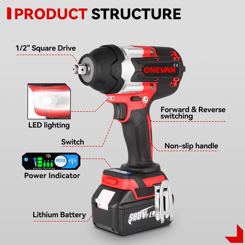 ONEVAN Cordless Impact Wrench 1/2", 20V Powerful Brushless Motor w/ 5-Mode Speed, Power Impact Wrench Max Torque 660 ft-lbs (900N.m), Impact Gun w/ 2 x 3.0A Batteries for Home Car - Image 9