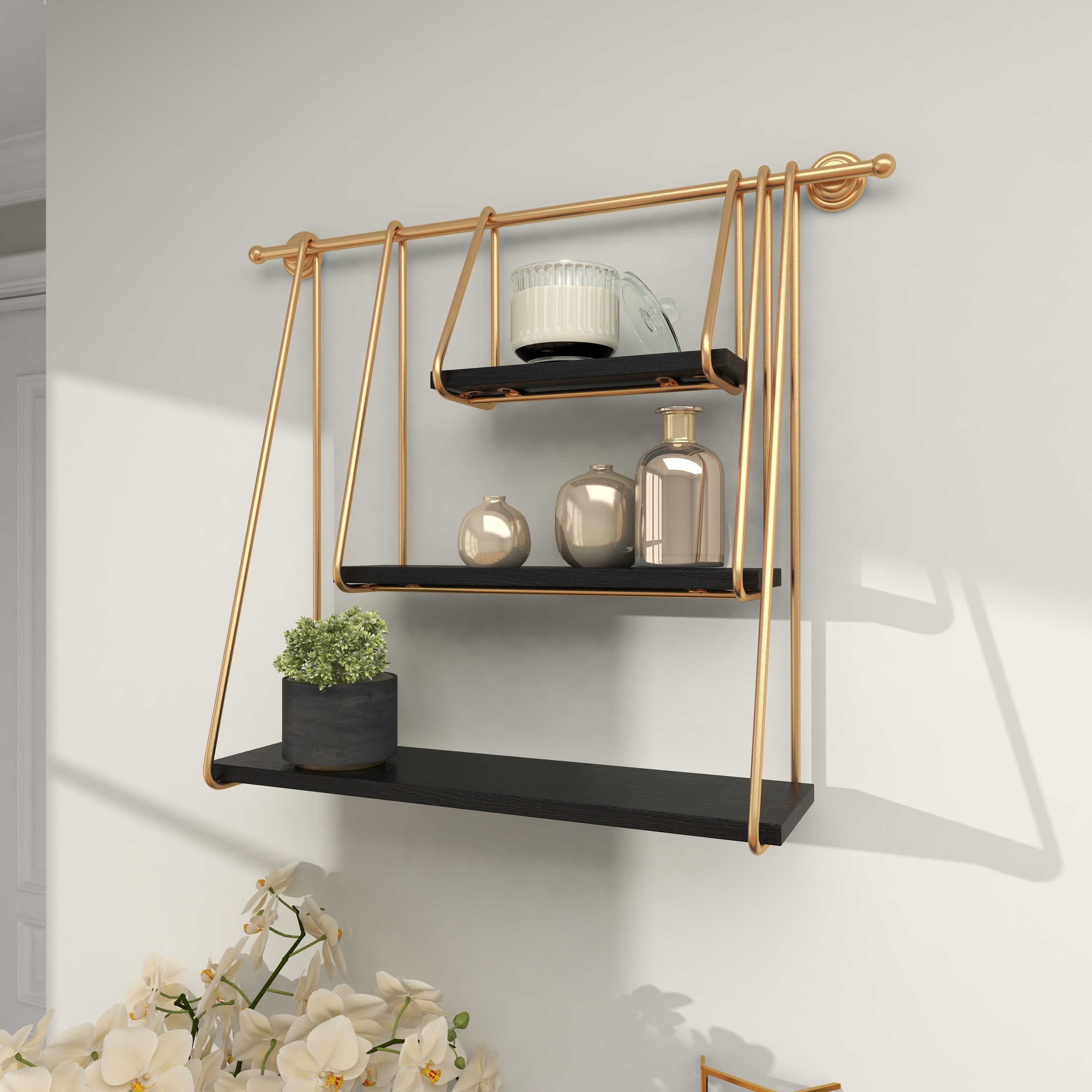 DecMode 26" x 6" 3-Tier Gold Wall Shelf - Image 3
