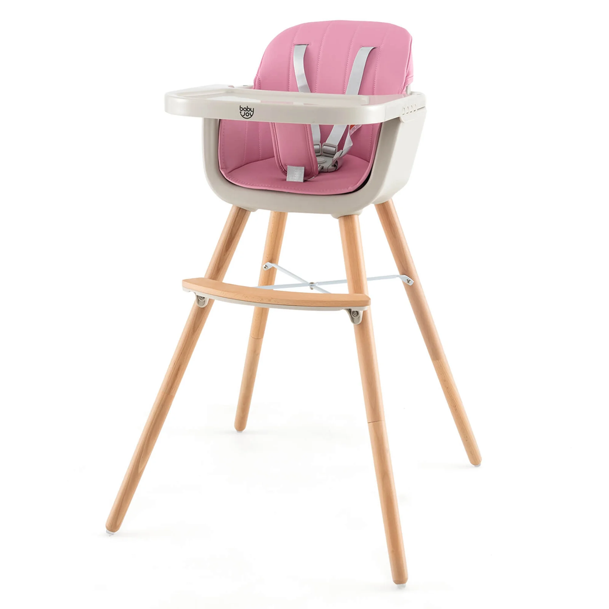 Baby joy Wooden High Chair Baby Toddler 3 in 1 Convertible Highchair w/ Cushion Pink - Image 3