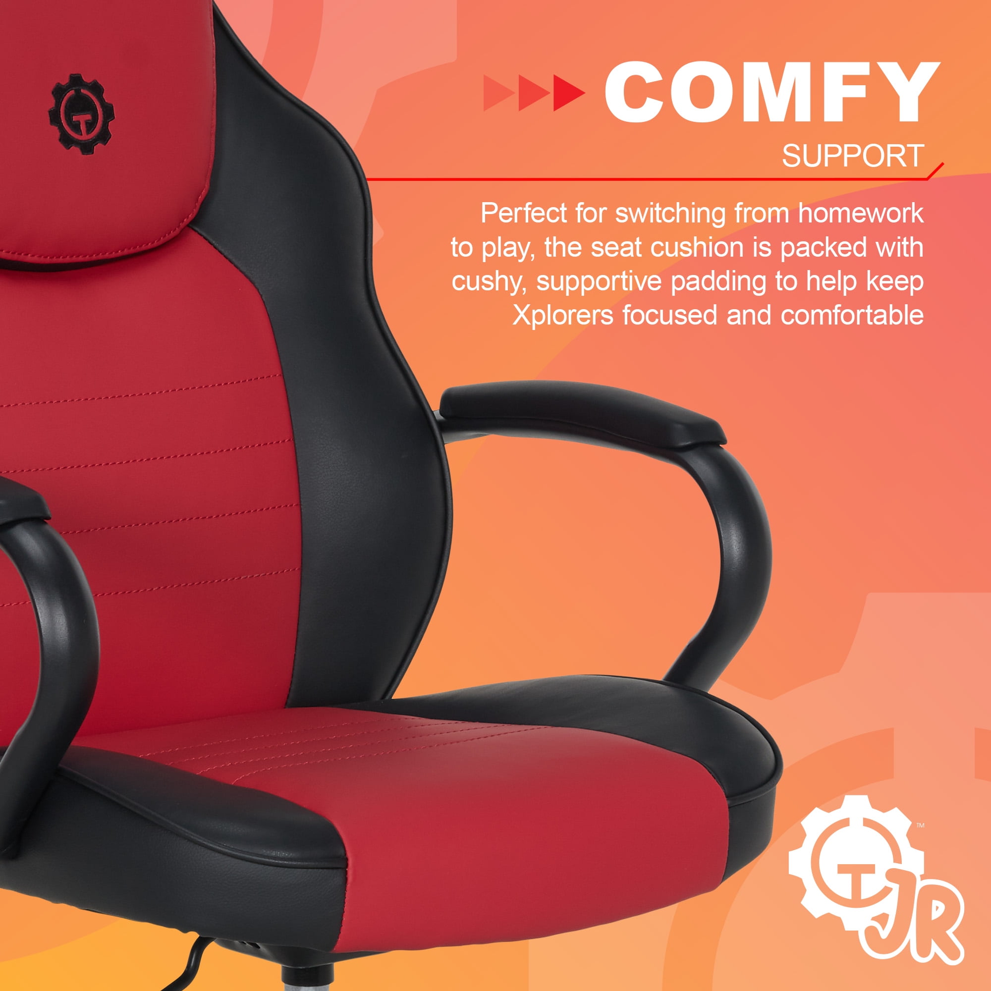 Gamer Gear Jr. Xplorer Gaming and Computer Chair, Kids and Teens Gaming Chair with Padded Arms, Adjustable Height, Red and Black - Image 4