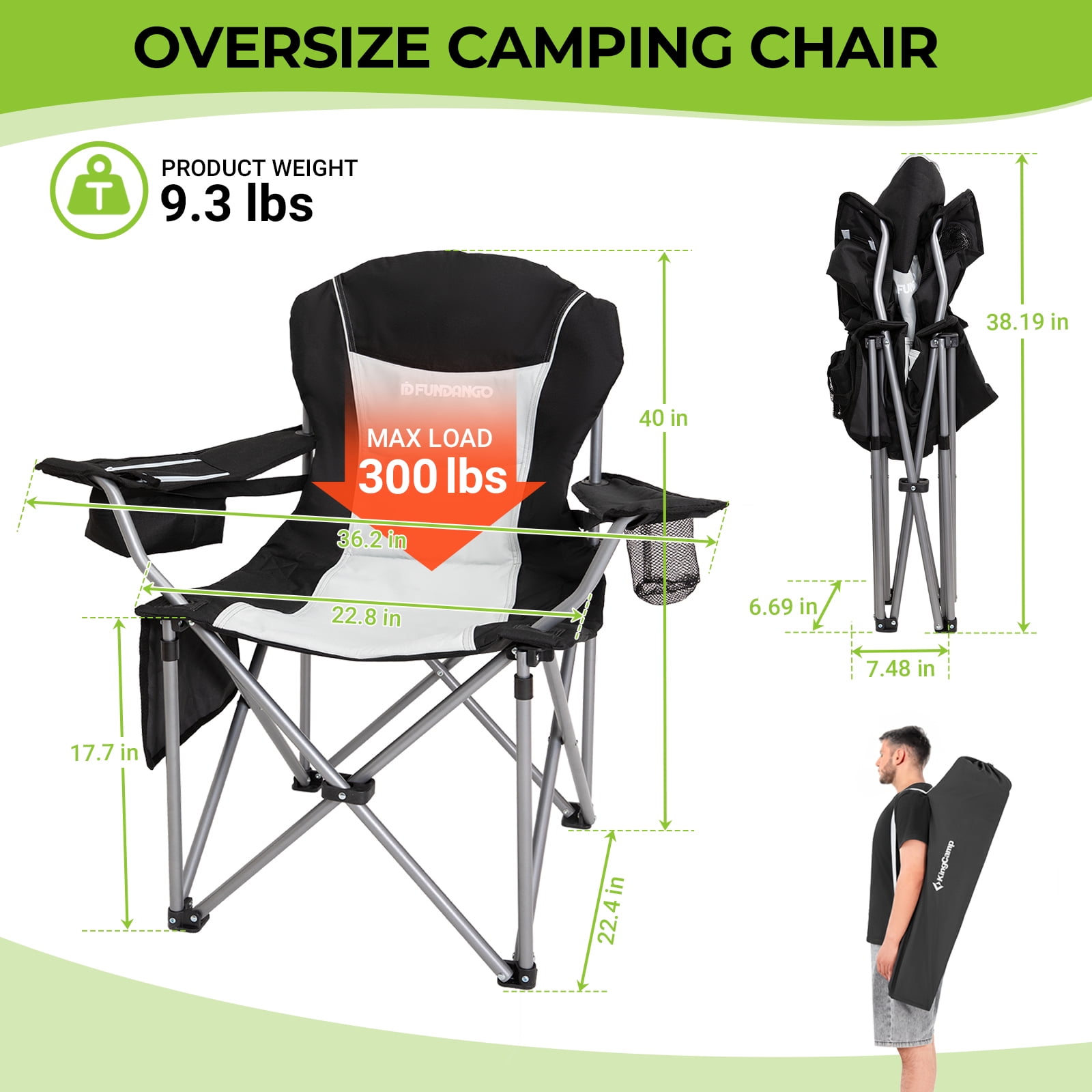 FUNDANGO Oversized Camping Chair Heavy Duty Padded Lawn Chairs with Cooler Bag for Outdoor Fishing Sports - Image 2