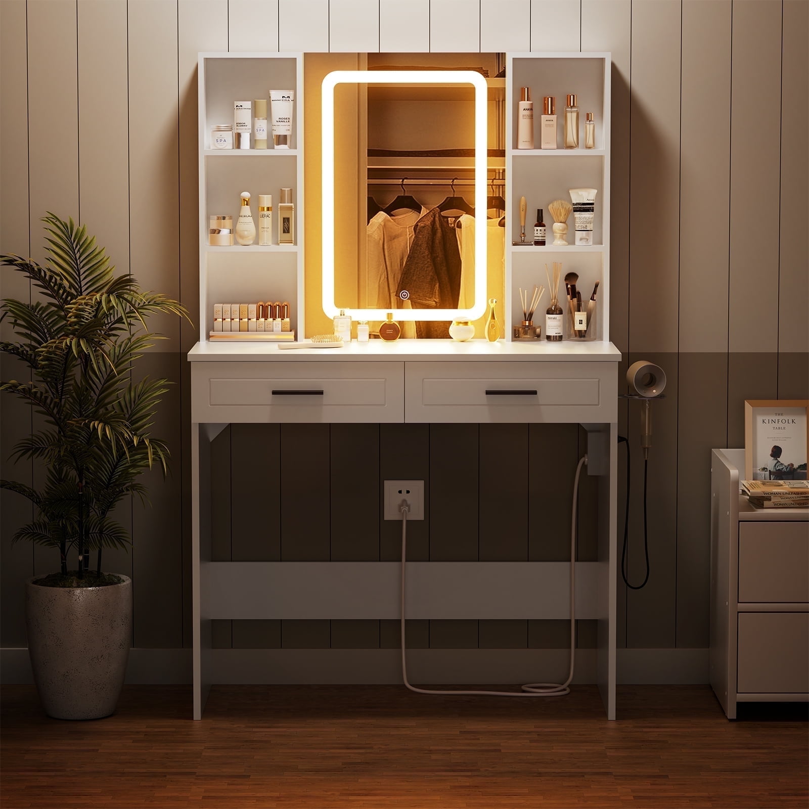 Hommpa Vanity Set with Mirror, Girls Makeup Vanity with LED Lights, White Vanity Desk with Drawers, Vanity Table with Charging Station for Women Bedroom Storage - Image 5
