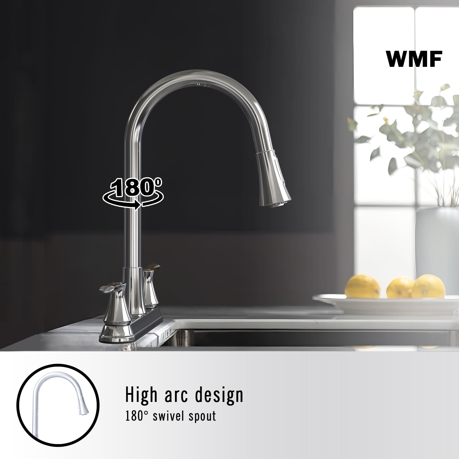 WMF-8201ZNL-CP Hybrid Metal Double Handle Kitchen Faucet with Pull Down Sprayer, Chrome - Image 7