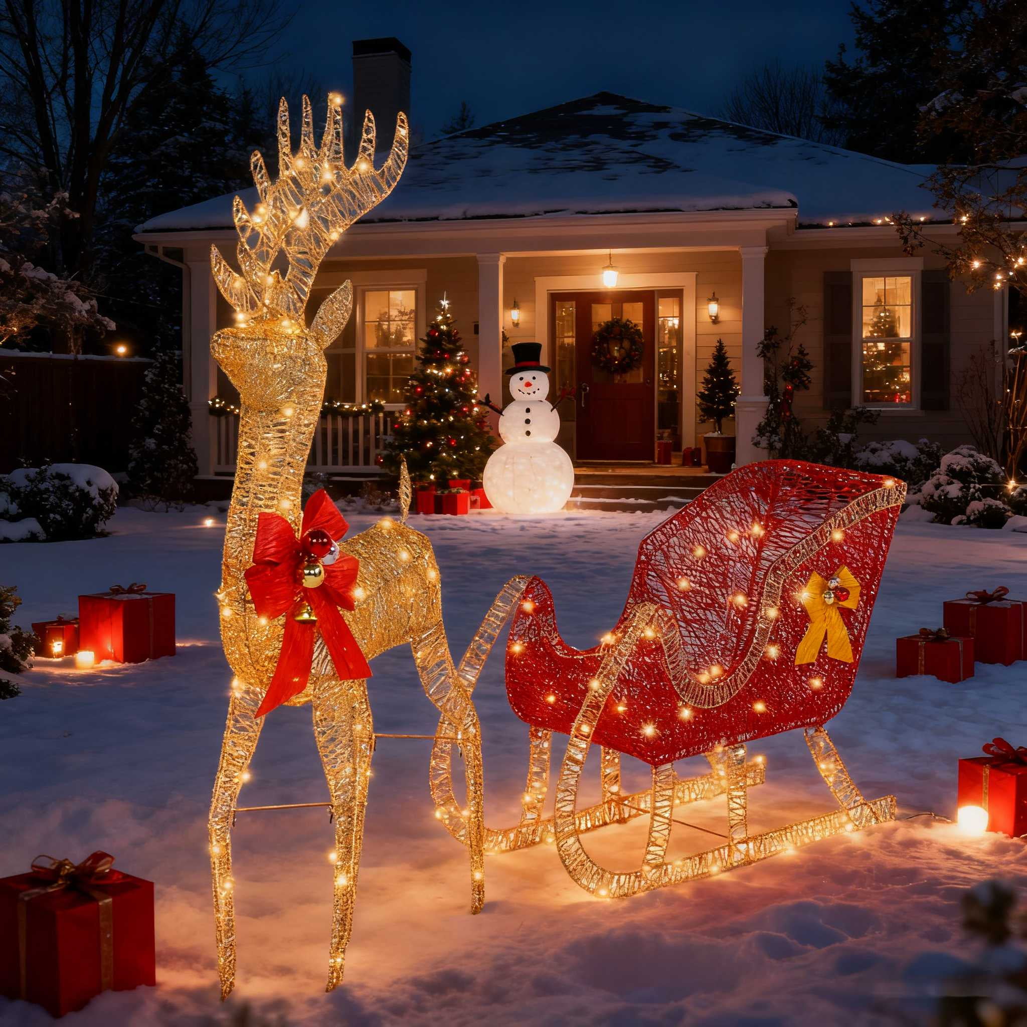 Zimtown Christmas Reindeer Set Outdoor Yard Decoration 4ft Reindeer & Sleigh LED Lights - Golden - Image 5