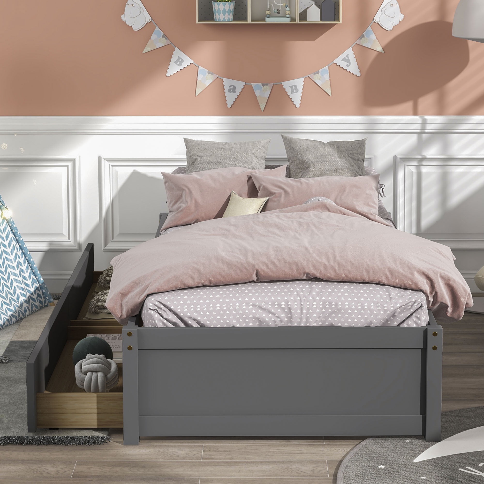 PORKISS Twin Platform Bed Frame with Storage Drawers, Solid Wood Twin Size Bed Frame, Modern Bedroom Furniture Single Bed for Kids Teens Adults, No Box Spring Needed, Gray - Image 11