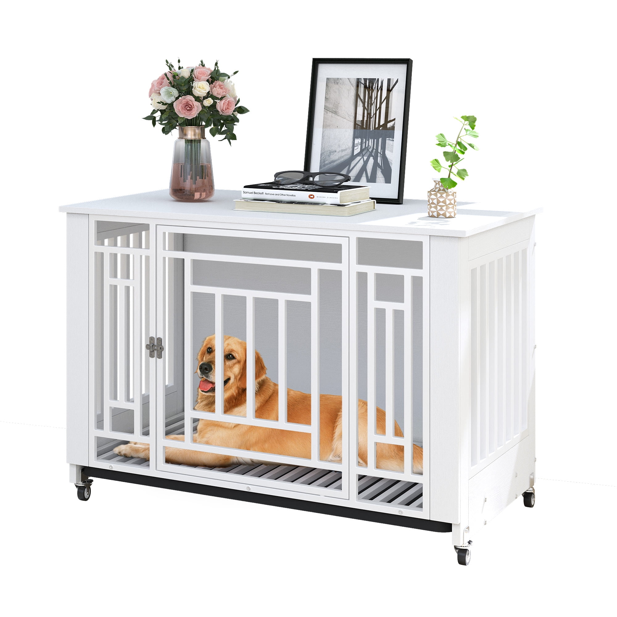 Dextrus Medium Dog Crate with Lockable Door, 38" Heavy Duty Metal Dog Crate and Kennel with Removable Tray and Wheels for Small Medium Large Dogs, White - Image 3