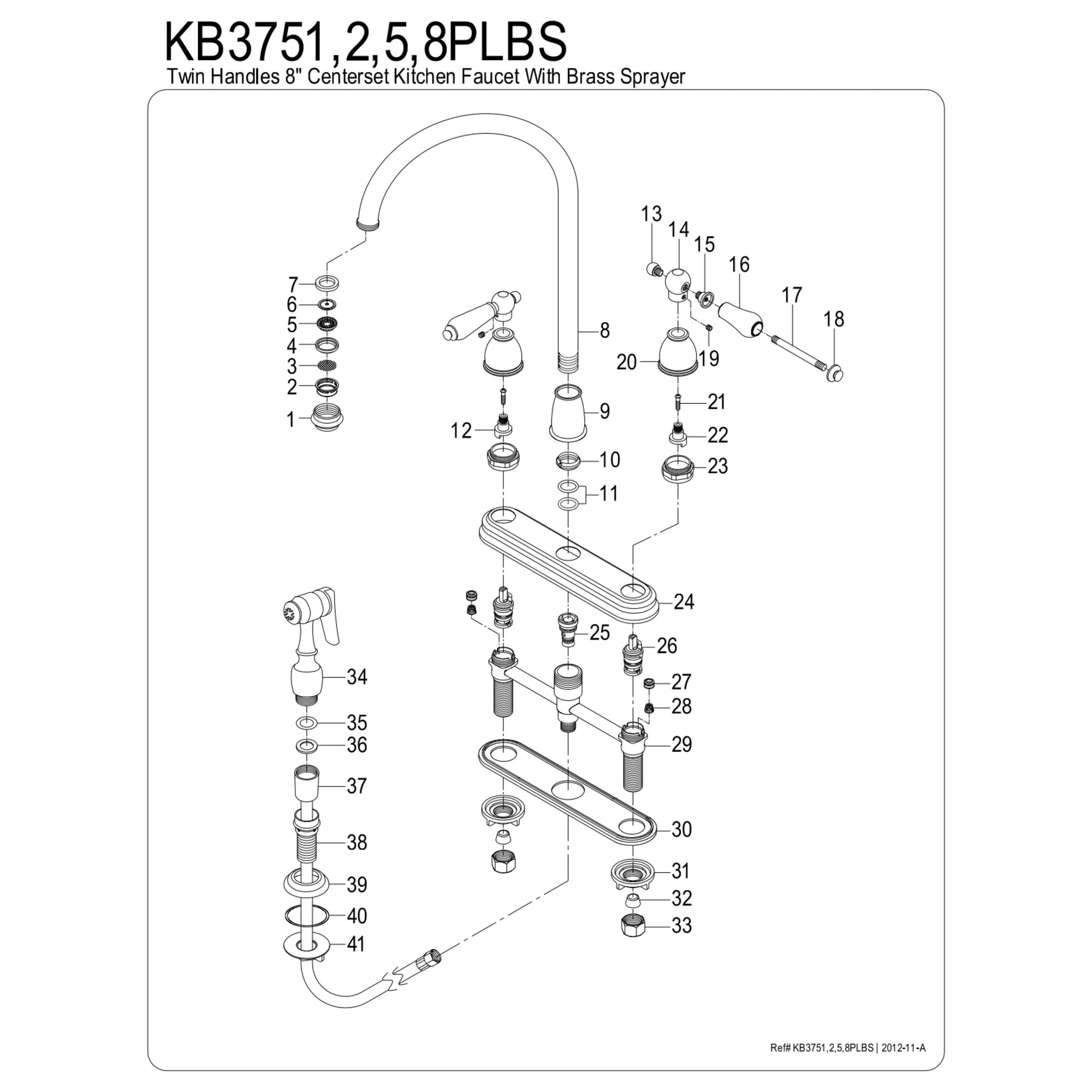 Kingston KB3751PLBS Restoration Two-Handle 4-Hole 8" Centerset Kitchen Faucet with Brass Sprayer in Polished Chrome - Image 2