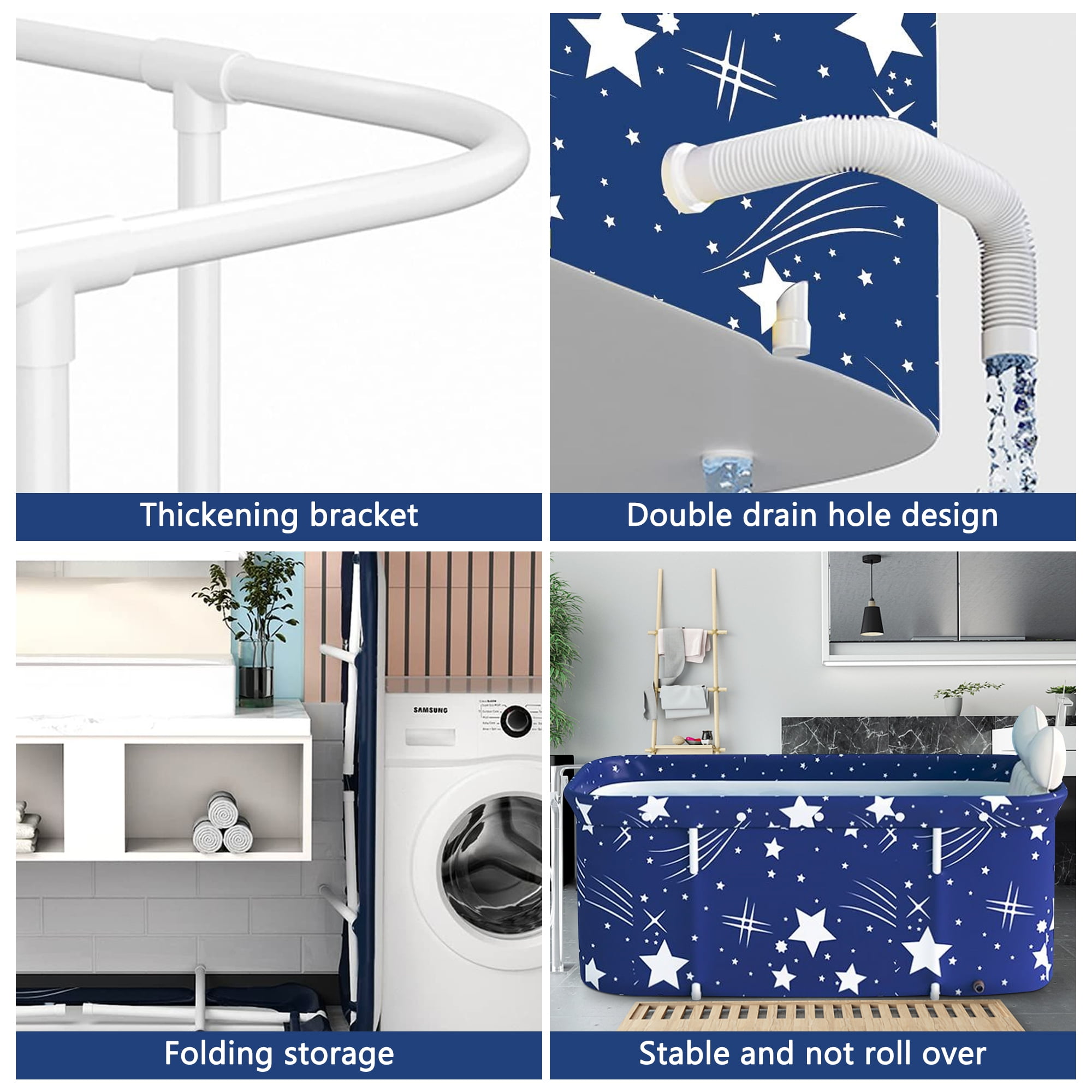 BEJOLO Folding Bathtub for Adult, 47in Large Protable Family APS Tub Foldable Soaking Bathing Shower Tub Kit, Starry Blue - Image 4