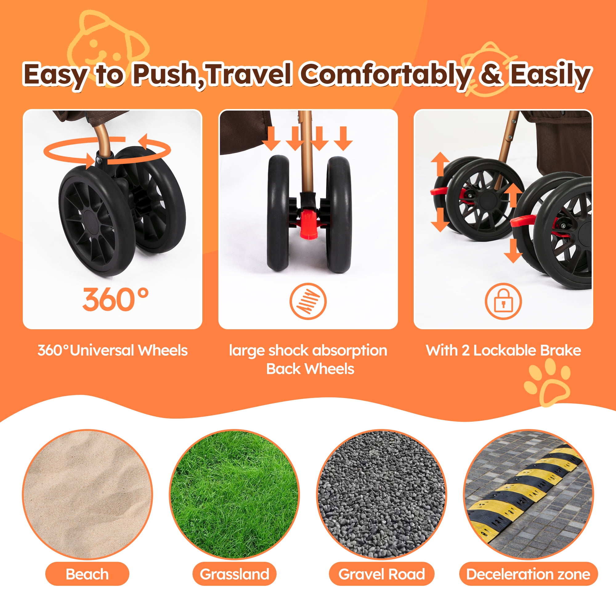 Monasem 4 Wheels Foldable Pet Stroller 3 in 1 with Waterproof Detachable Pets Travel Carrier for Small/Medium Dogs Cats up to 60lbs, Brown - Image 6