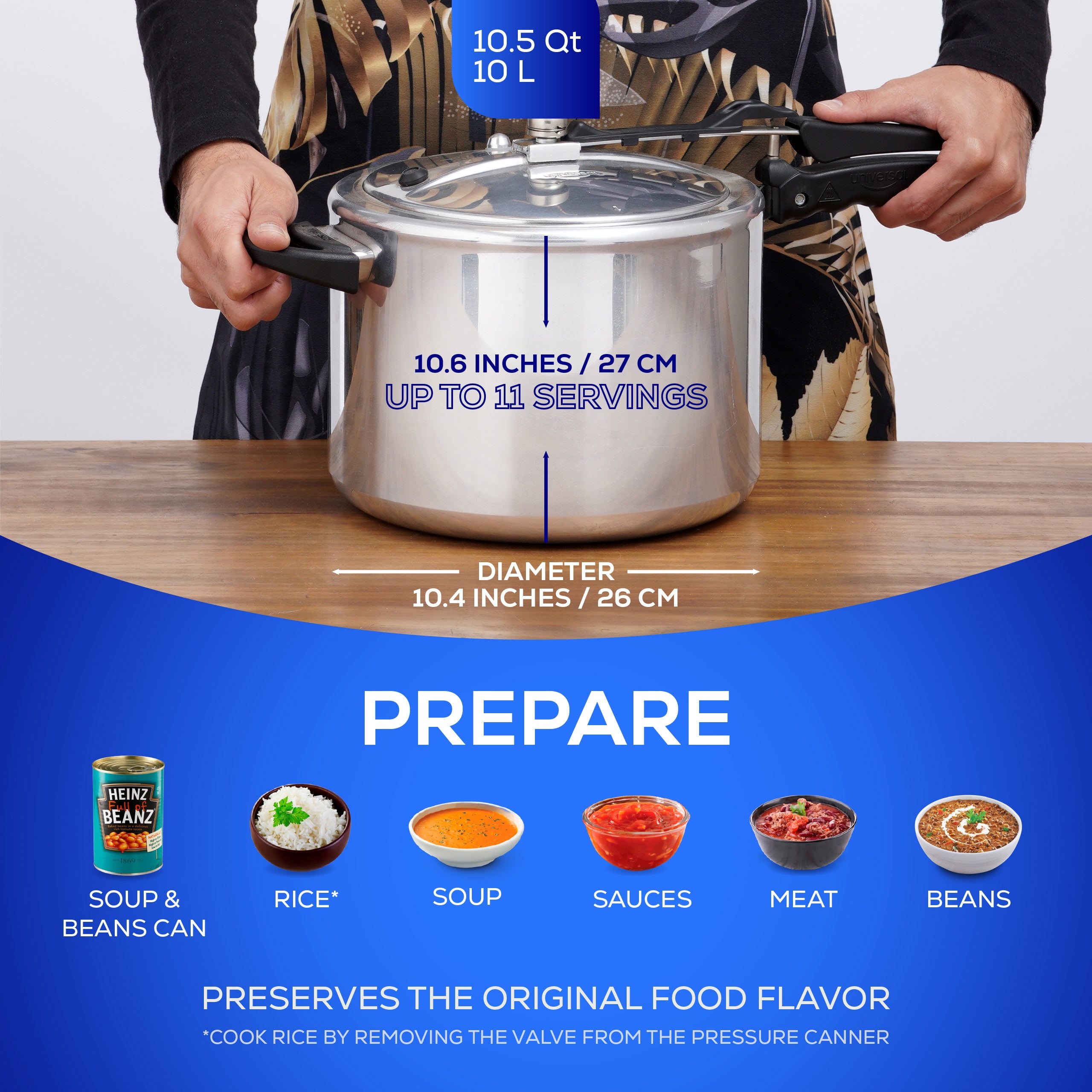 Universal 10.5Qt / 10L Pressure Cooker for 11 Servings, With Multiple Safety Systems and Heat Resistant Handles For Can, Soup, Meat and Beans - Image 2