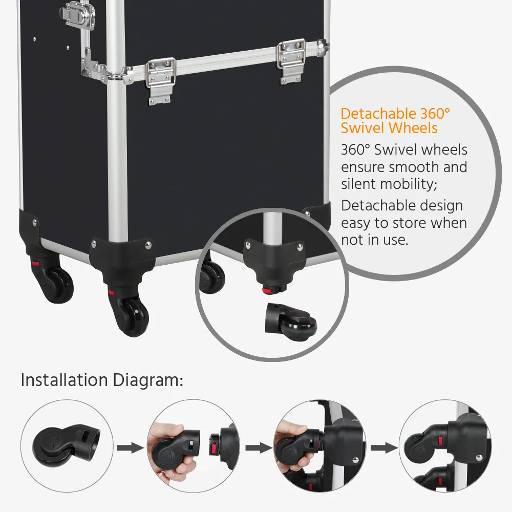 Alden Design Professional Makeup Case, 3 in 1 Portable Trolley, Black - Image 5