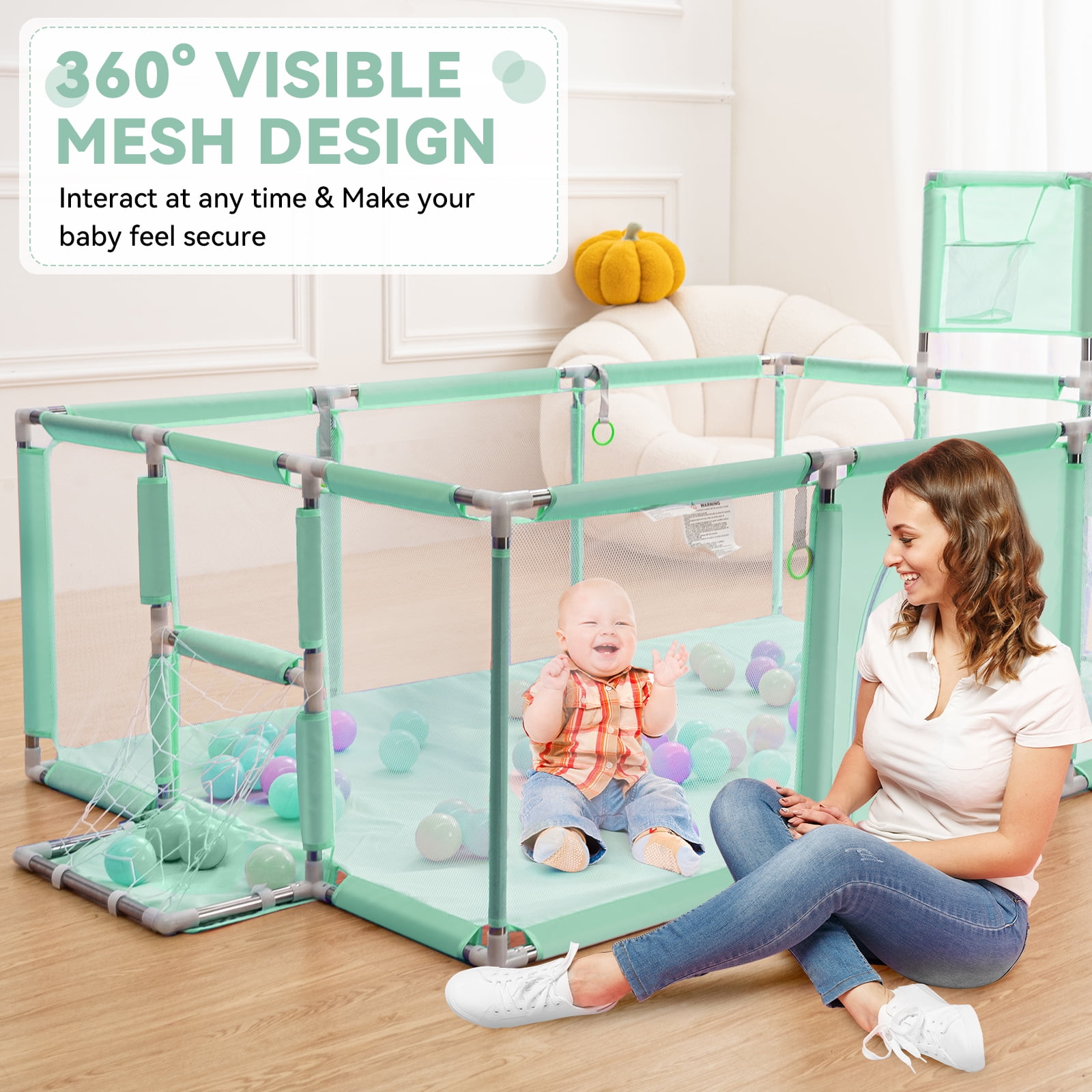 Large Baby Playpen 71 Inch With Basketball Hoop, 6-24 Months Toddler Playard, Green - Image 3