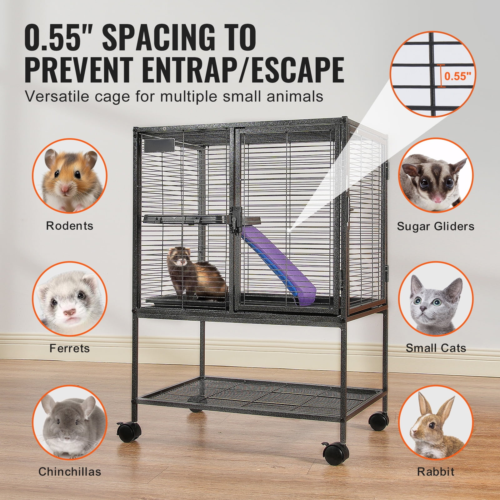 KFFKFF 64.6" Metal Cage on Wheels, Spacious 4-Level Habitat for Small Pets, Includes Ramps & Tray, Simple Assembly, Ideal for Ferrets, Rats, Guinea Pigs, Chinchillas, Squirrels, Hedgehogs, Bunnies - Image 7