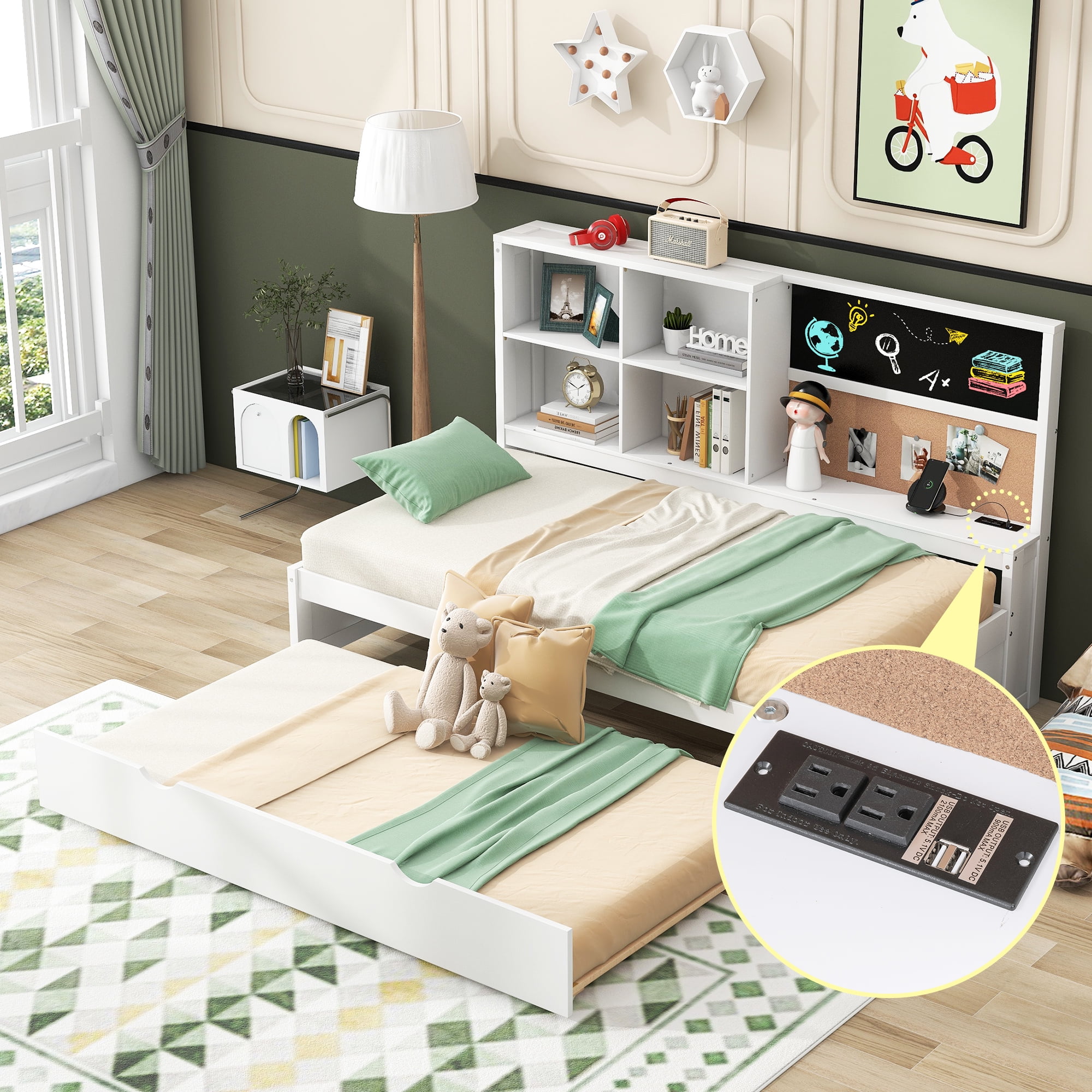 Euroco Wood Twin Size Daybed,Captain Bed with Blackboard,Cork Board,USB Charging - Image 9