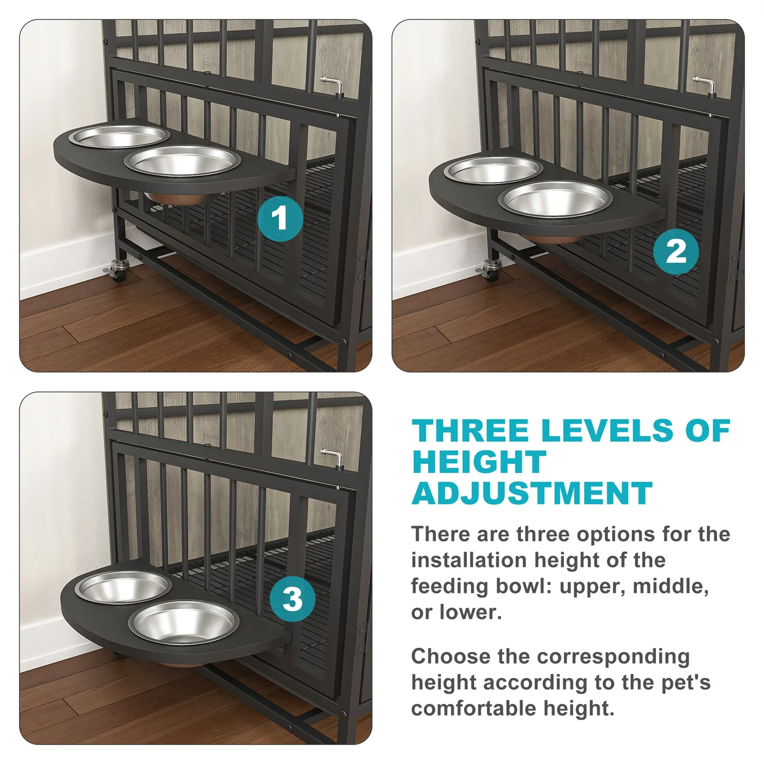 Hommoo Modern Kennel Dogs Room, Double-Door Dog House with Removable Tray、lift Panel、Adjustable Feeding Bowls, Dog Crate Cage for up to 80 LB, Grey - Image 4