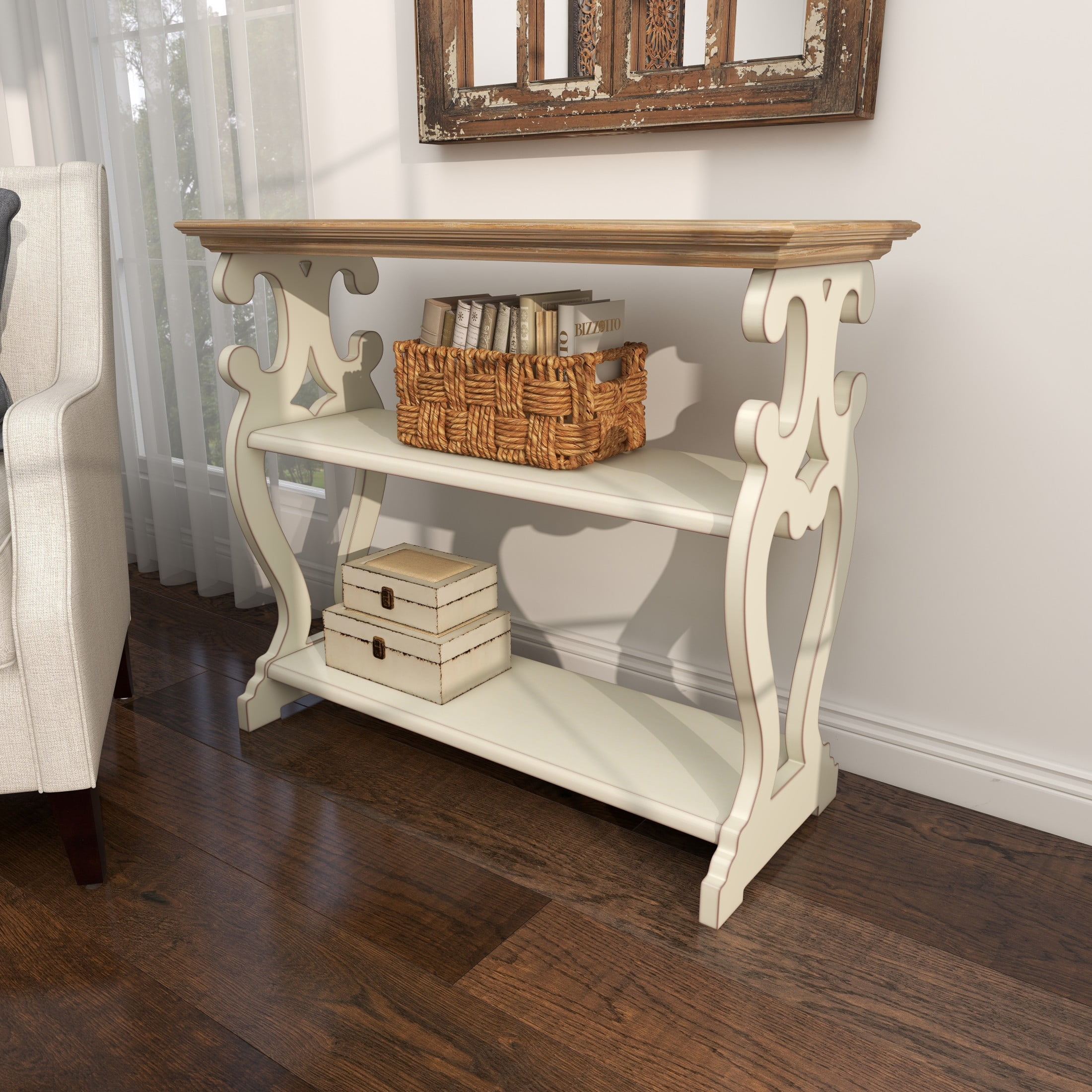 DecMode Farmhouse Decorative Console Table for Living Room, Entry Way, Hallway, Ivory/White with Neutral Painted Finish 38"W - Image 13