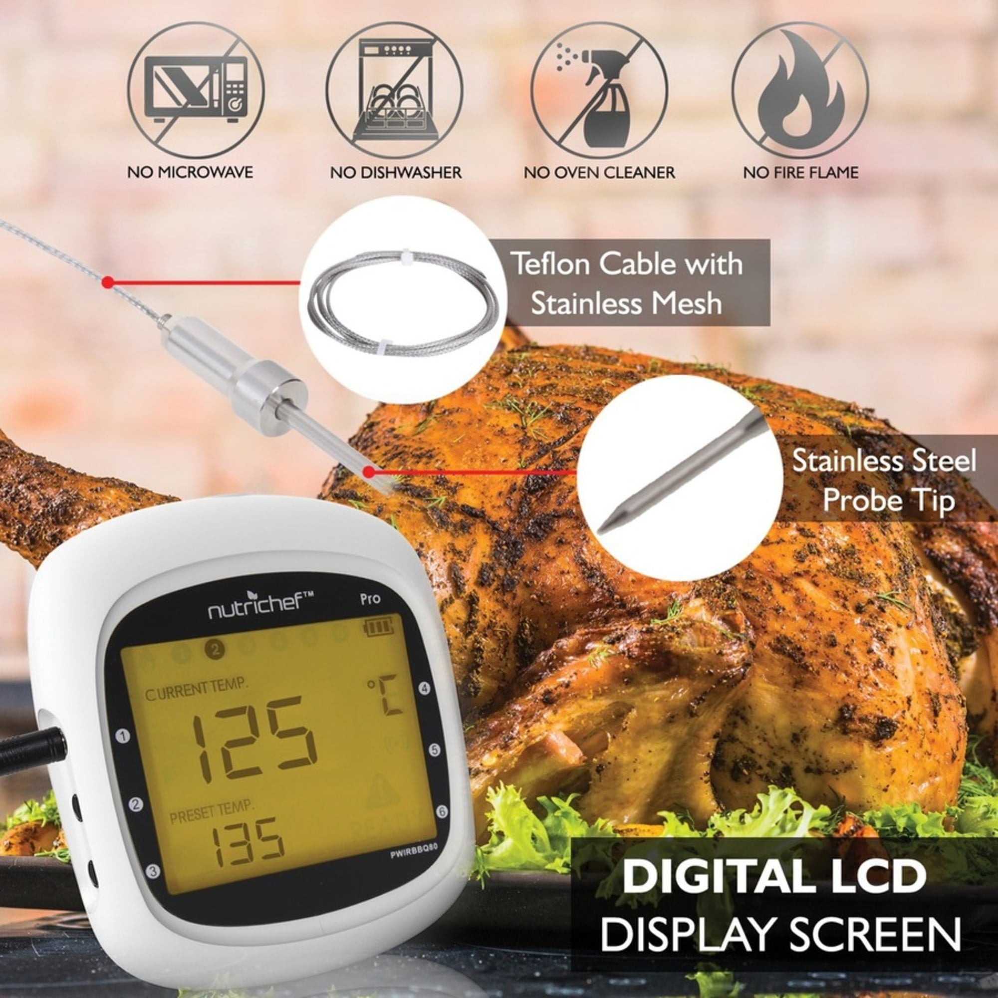 NutriChef Smart Bluetooth BBQ Grill Thermometer PWIRBBQ80 - Indicator Light, Wireless, Digital Display, Backlight, Temperature History, Alarm, Hassle-free - For Barbecue - White, Black - Image 4