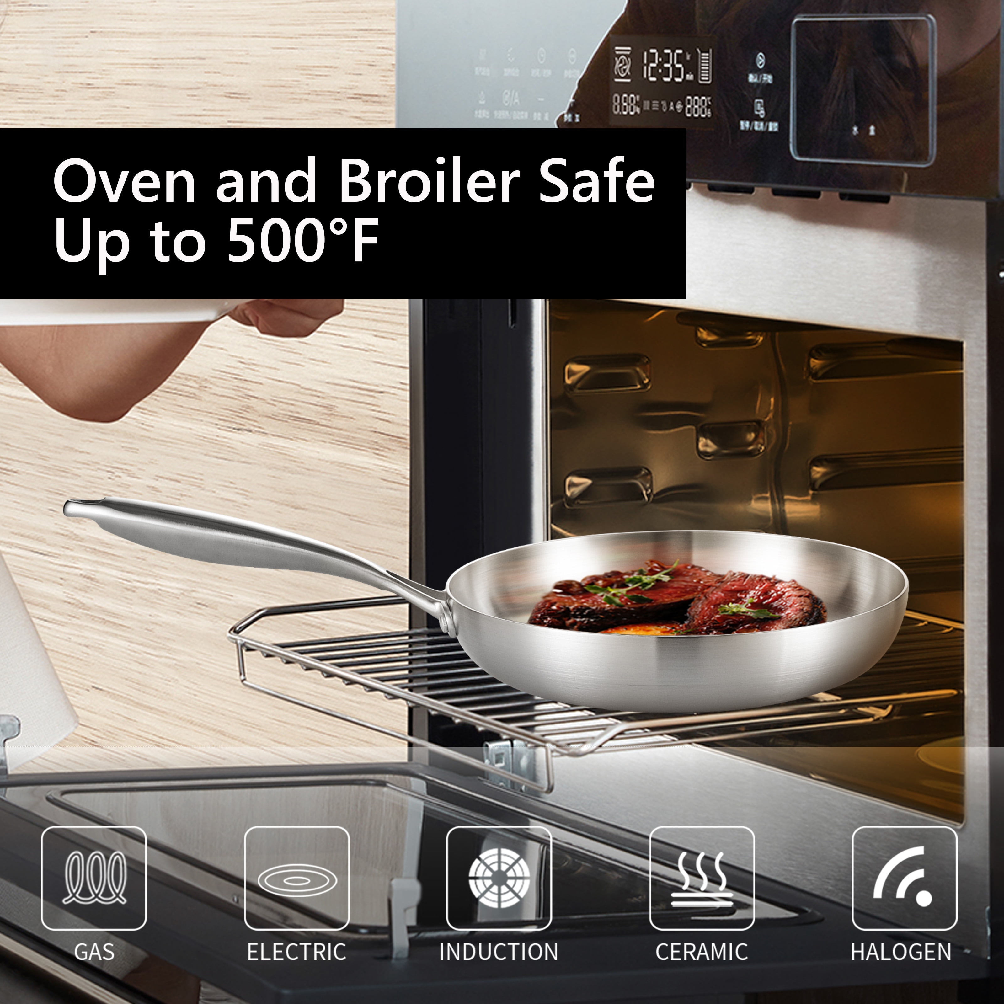 LOLYKITCH Tri-Ply Stainless Steel Pan Set, 8.5-inch, 10-inch, 12-inch Chef & Frying Pan, Induction & Oven Safe - Image 6