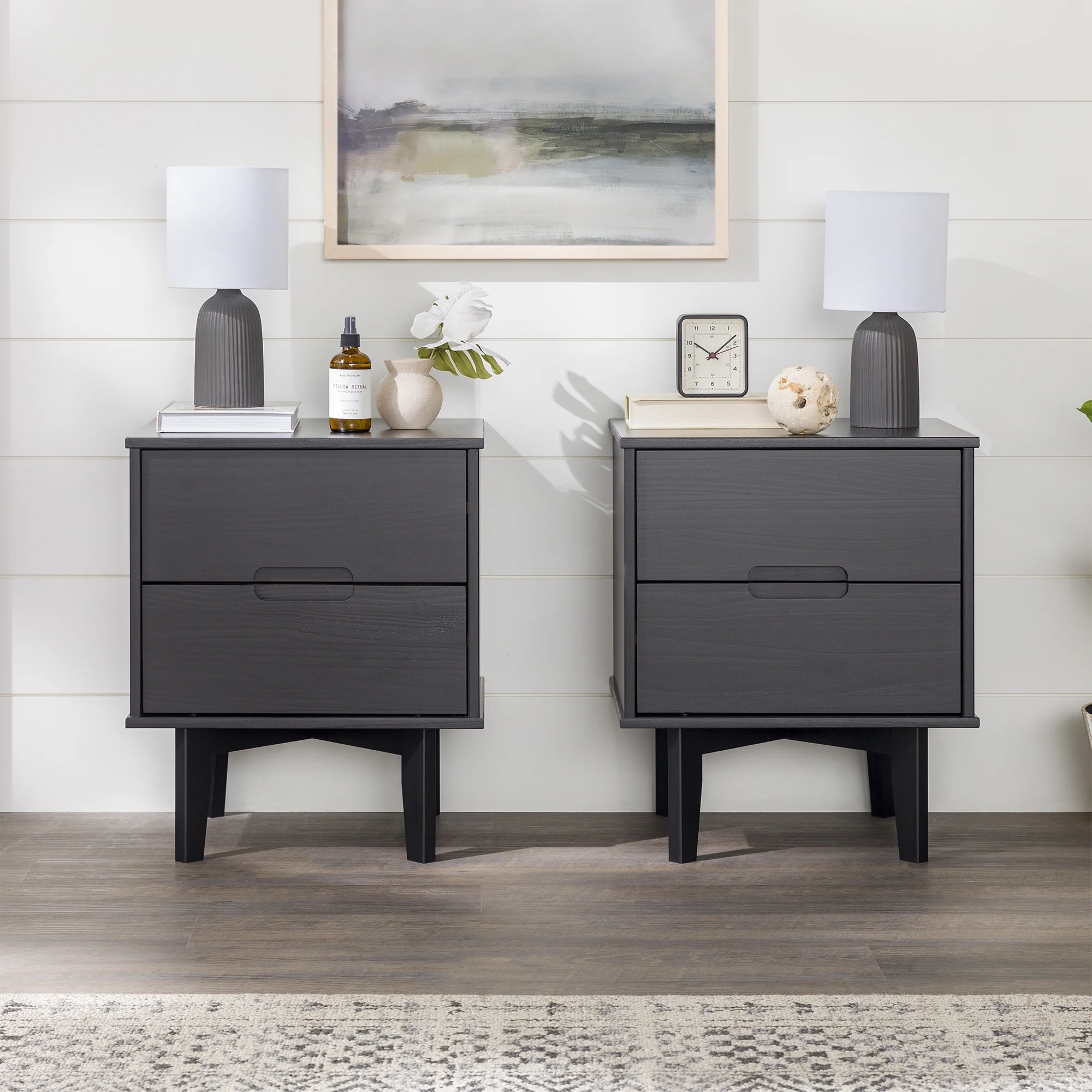 Walker Edison Set of 2 Mid-Century Modern 2-Drawer Nightstands, Black - Image 4
