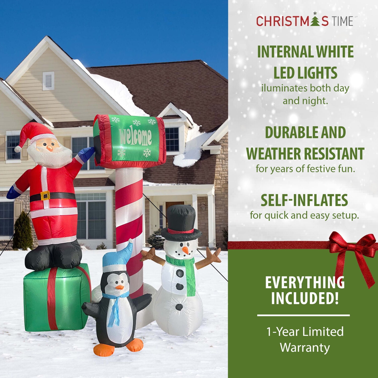 Christmas Time 6-Ft. Pre-Lit Inflatable Welcome Mailbox with Santa Claus, Snowman, and Penguin, Outdoor Blow-Up Festive Celebration Party Decor for Christmas Holiday, CT-SASNPGN061-L - Image 3