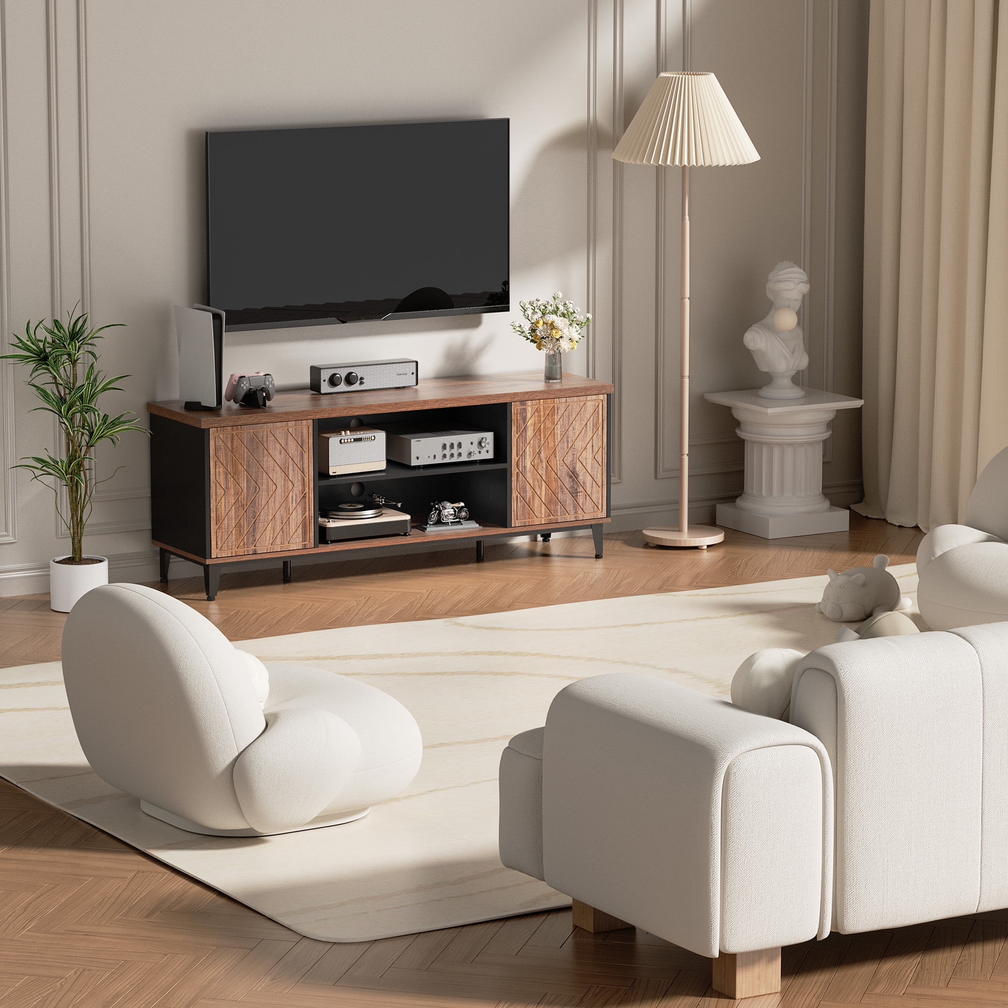 MARNUR 59" TV Stand for TVs up to 65", Entertainment Center Media Console Table with Storage, LED Light for Living Room, Mid-Century, Rustic Oak - Image 3