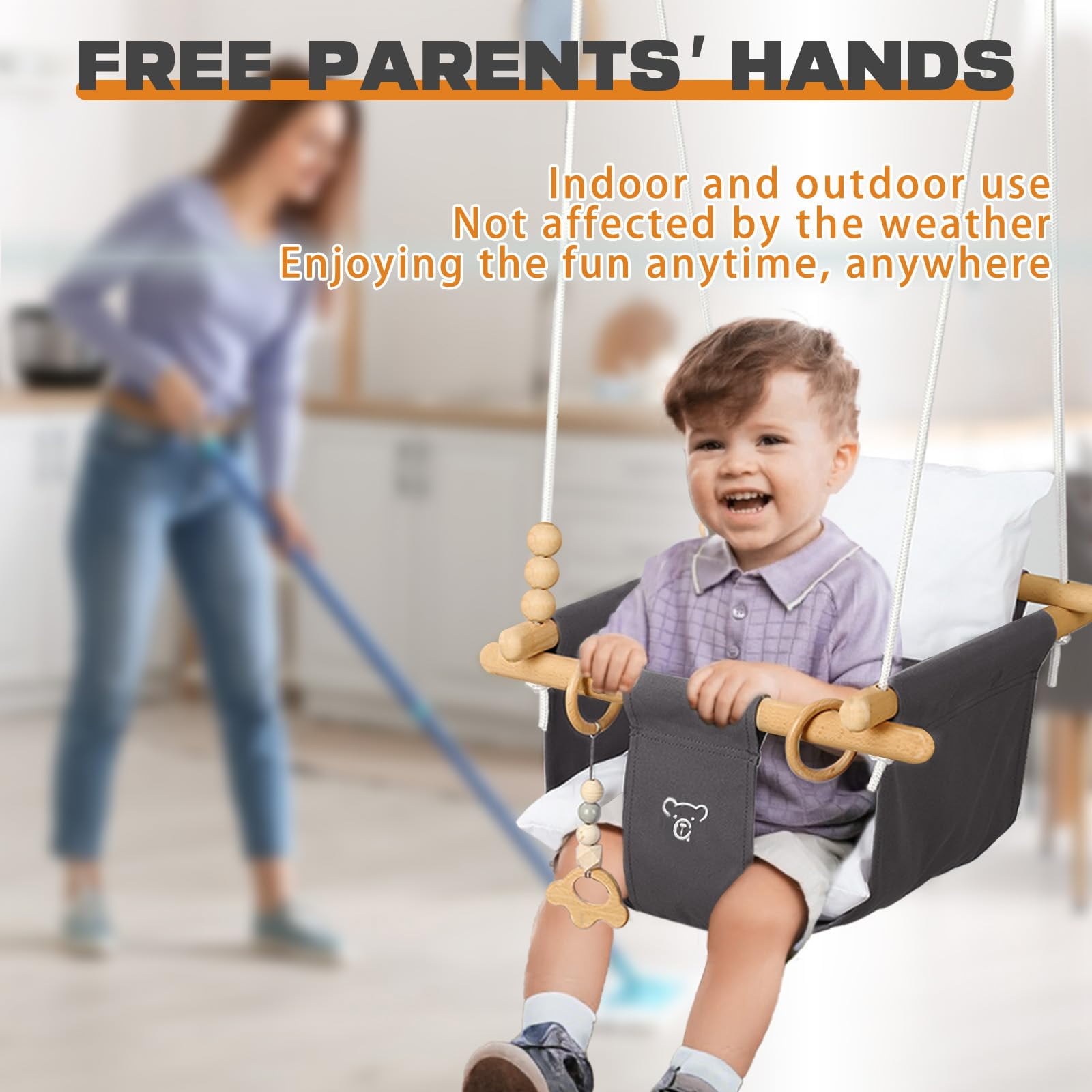 2 in 1 Baby Jumper, Toddler Swing and Bouncer, Indoor Outdoor Baby Swings for Infants, Gray - Image 2