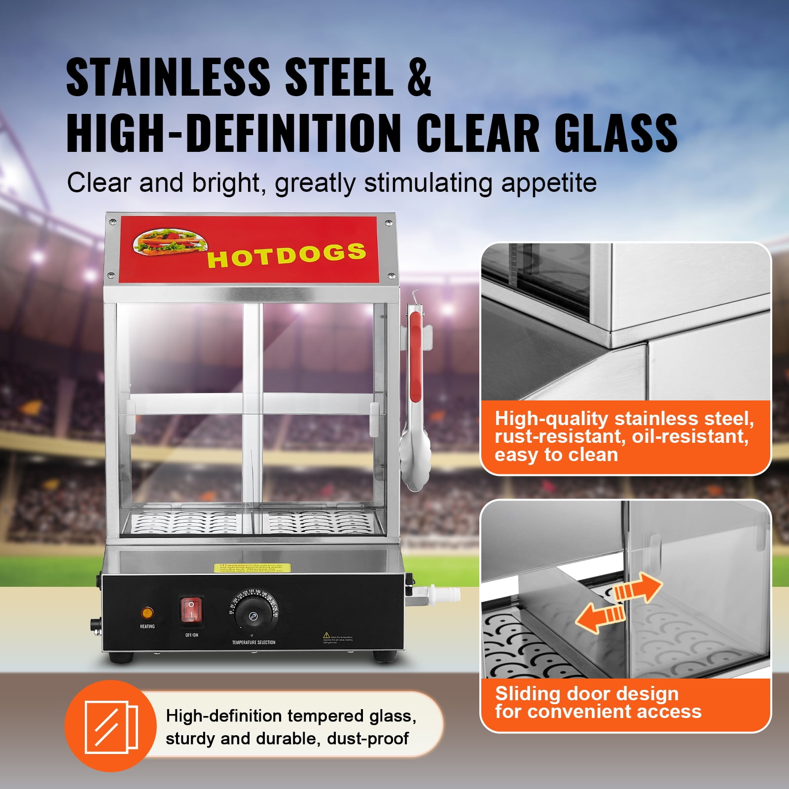 KFFKFF Hot Dog Warmer, 28.5QT, Dual-Level Hot Dog House Steamer, Temperature Adjustment 86℉~185℉, Electric Bread Heater with Durable Glass Slide Doors - Image 7