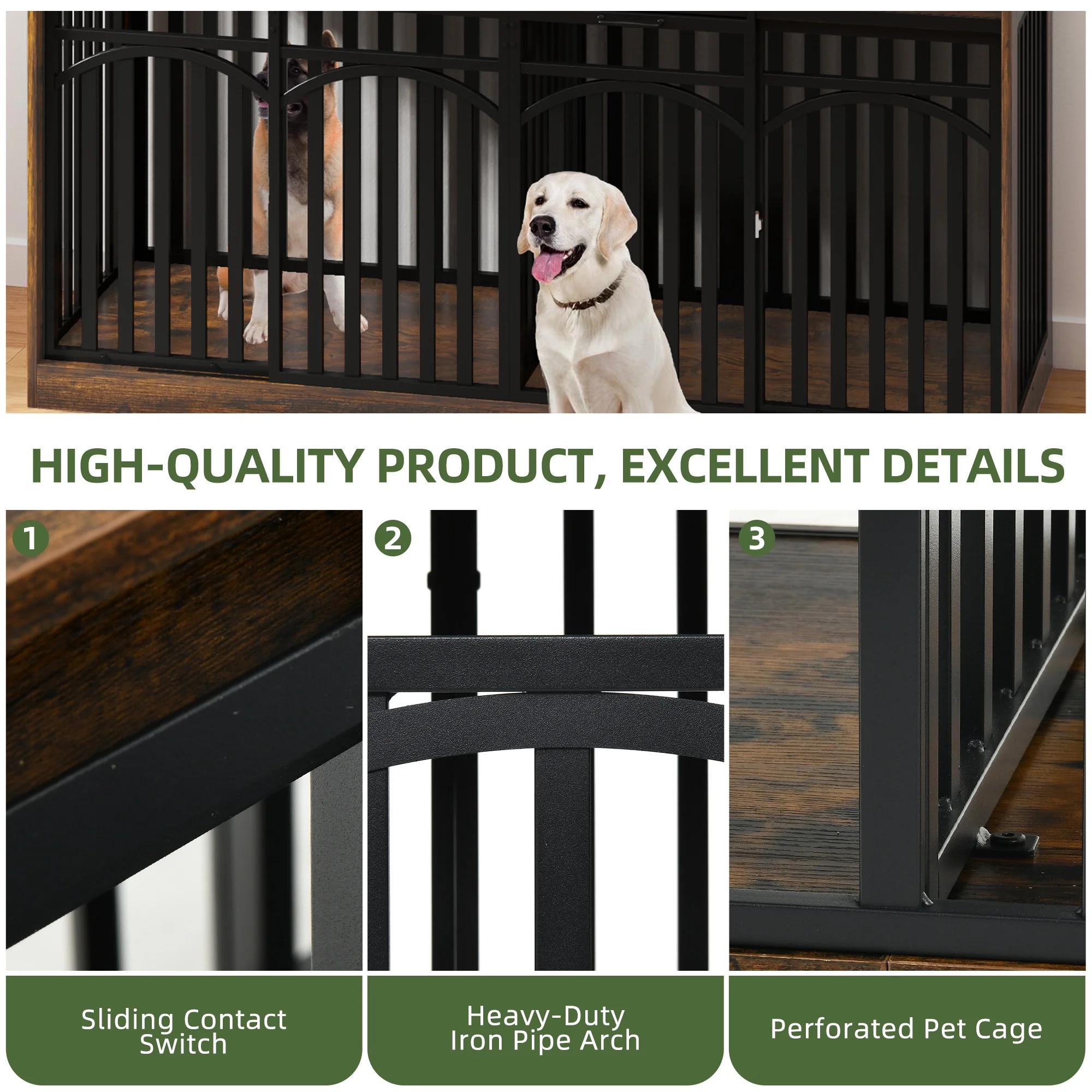 Uforic 71-Inch Heavy Duty Dog Crate TV Stand with LED Light, Power Outlets, and Storage Shelves for Medium to Large Dogs - Image 6