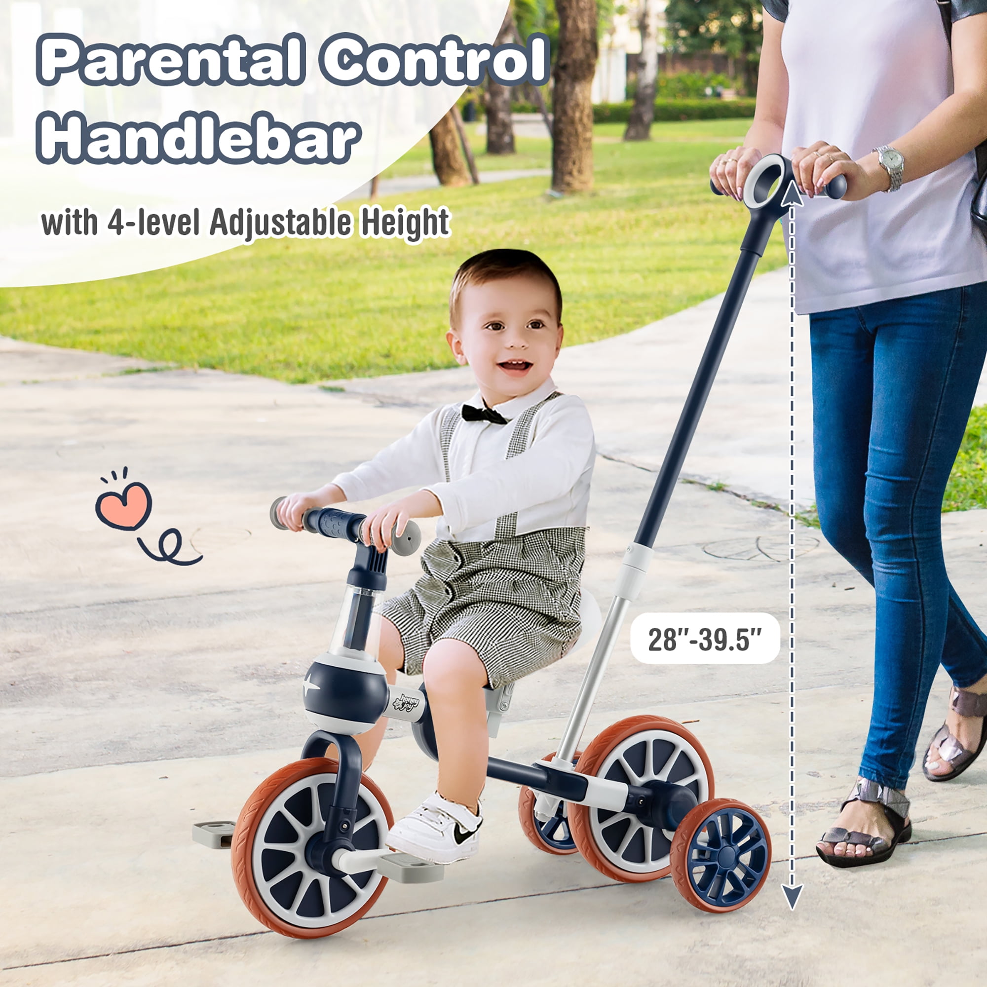 Honeyjoy 4 in 1 Kids Tricycles with Push Handle & Training Wheels Baby Balance Bike Navy - Image 9